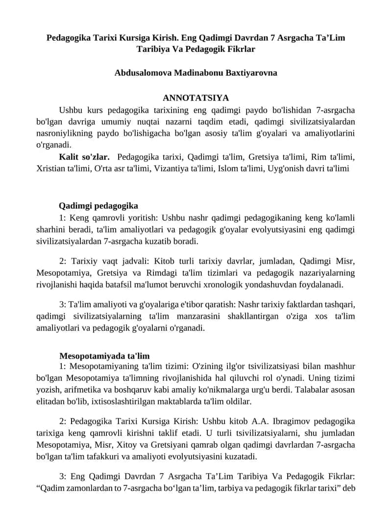 Pedagogika Tarixi Kursiga Kirish