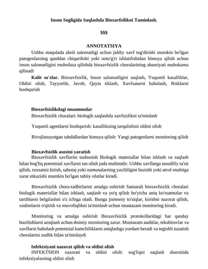 Inson Sogligida Saqlashda Bioxavfsilikni Taminlash