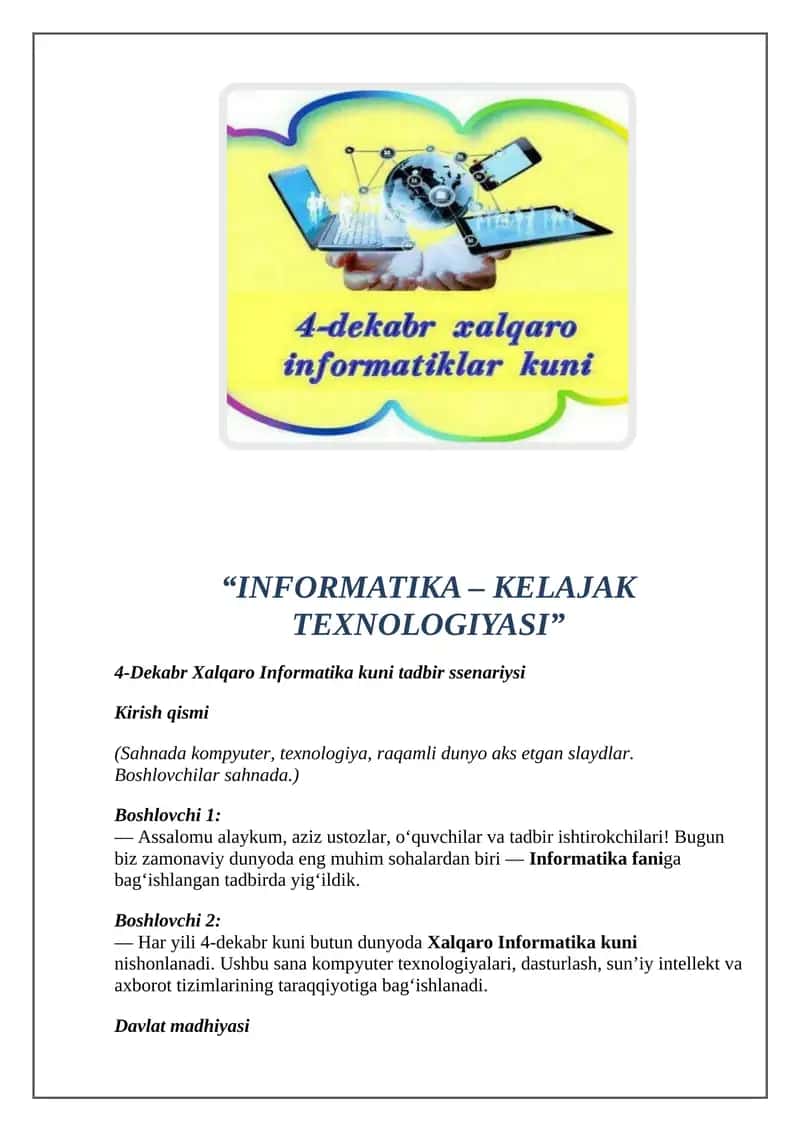 Xalqaro Informatika kuni tadbir ssenariysi