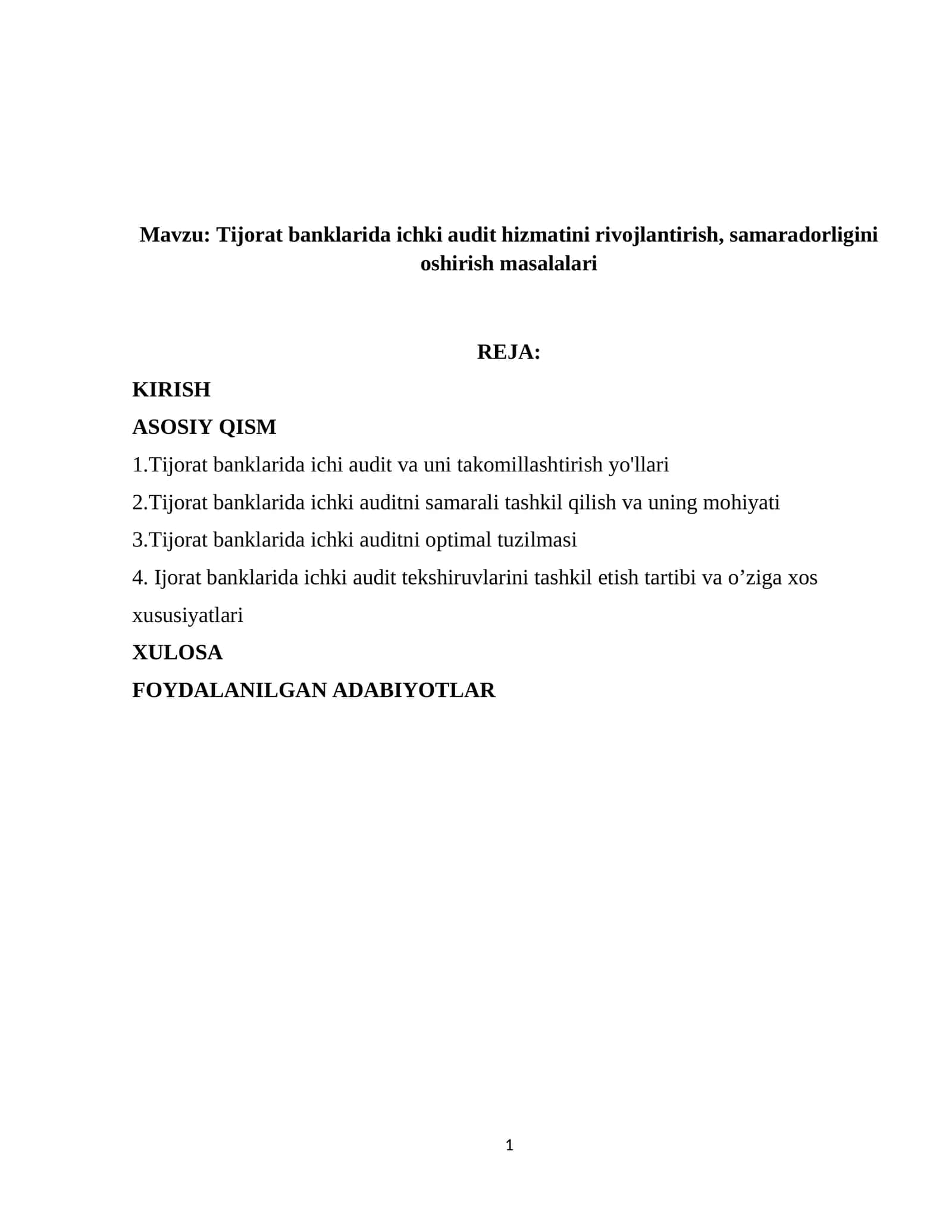 Tijorat banklarida ichki audit hizmatini rivojlantirish, samaradorligini oshirish masalalari