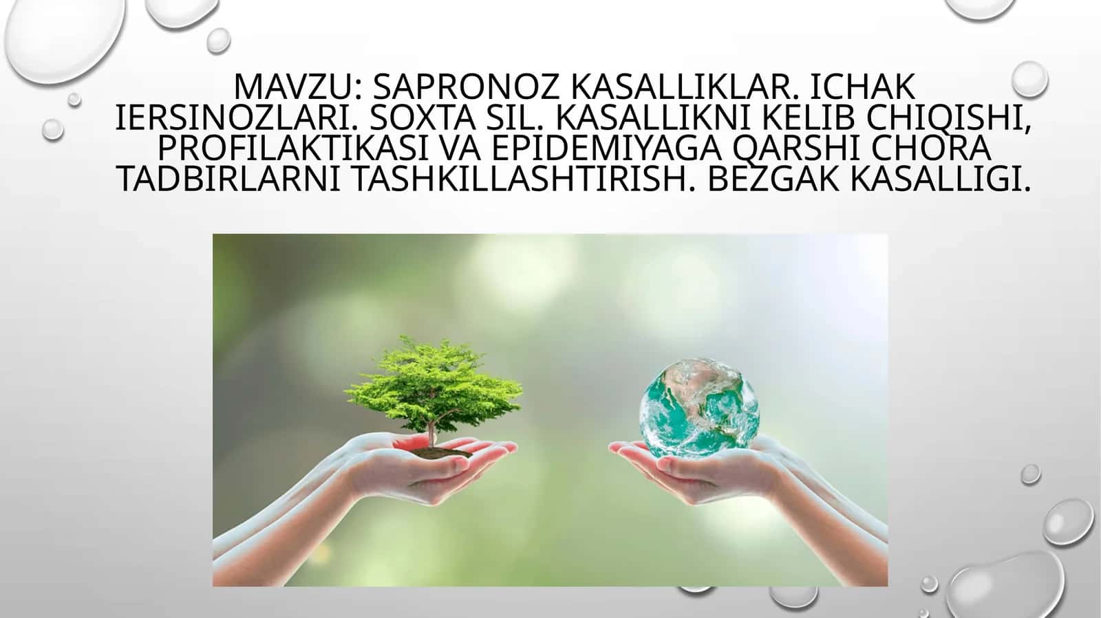 Sapronozkasalliklar. Ichakiersinozlari. Soxta sil. Kasallikni kelib chiqishi, profilaktikasi va epidemiyaga qarshi chora tadbirlarni tashkillashtirish.Bezgakkasalligi