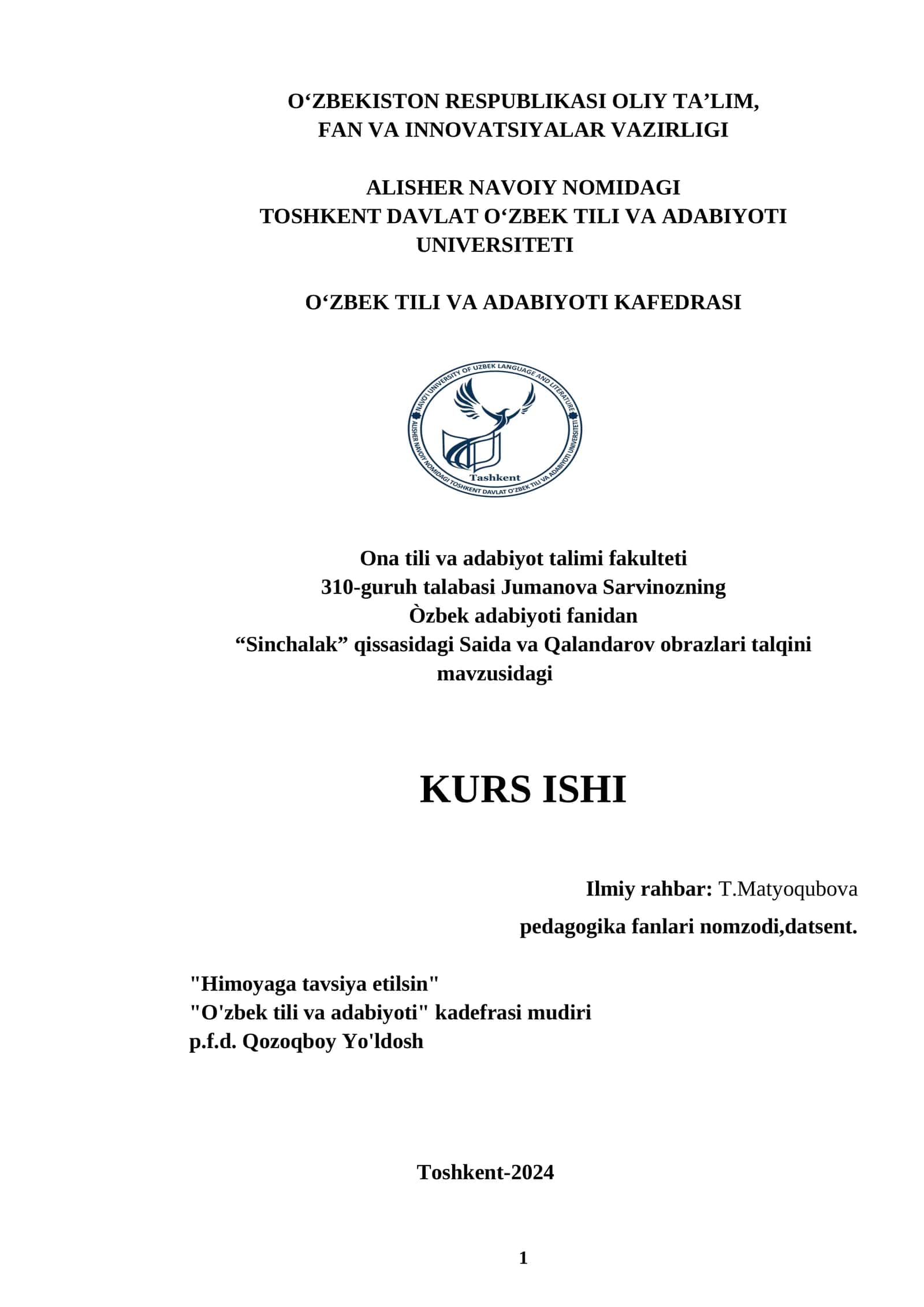 "SINCHALAK"QISSASIDAGI SAIDA VA QALANDAROV OBRAZLARI TALQINI