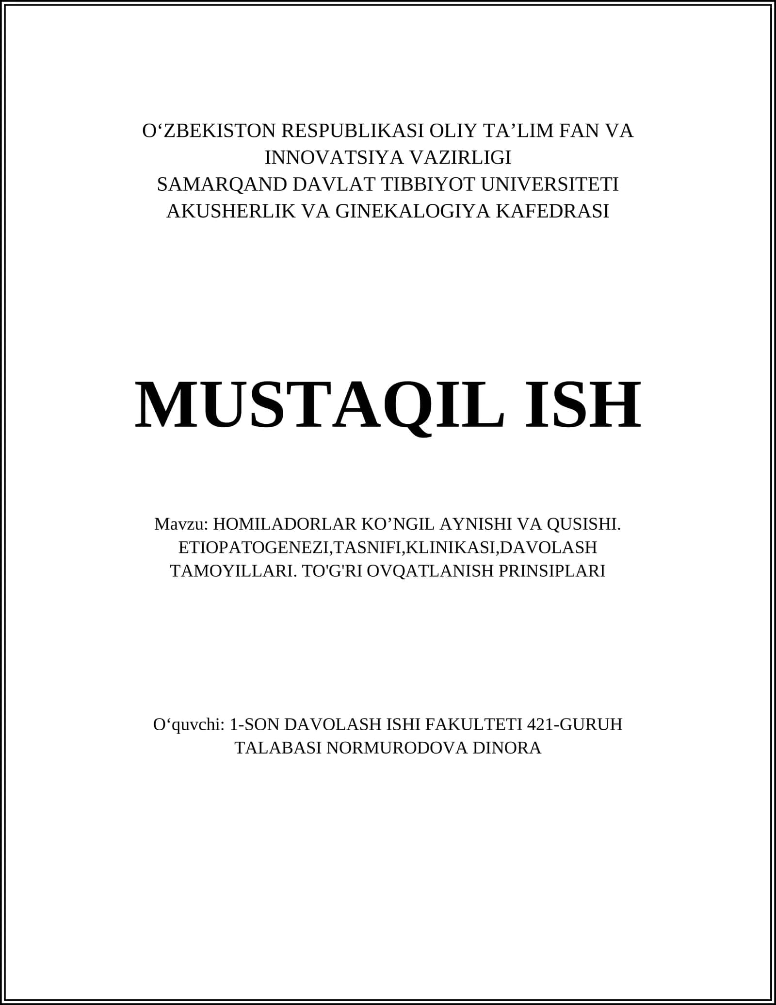 HOMILADORLAR KO'NGIL AYNISHI VA QUSISHI