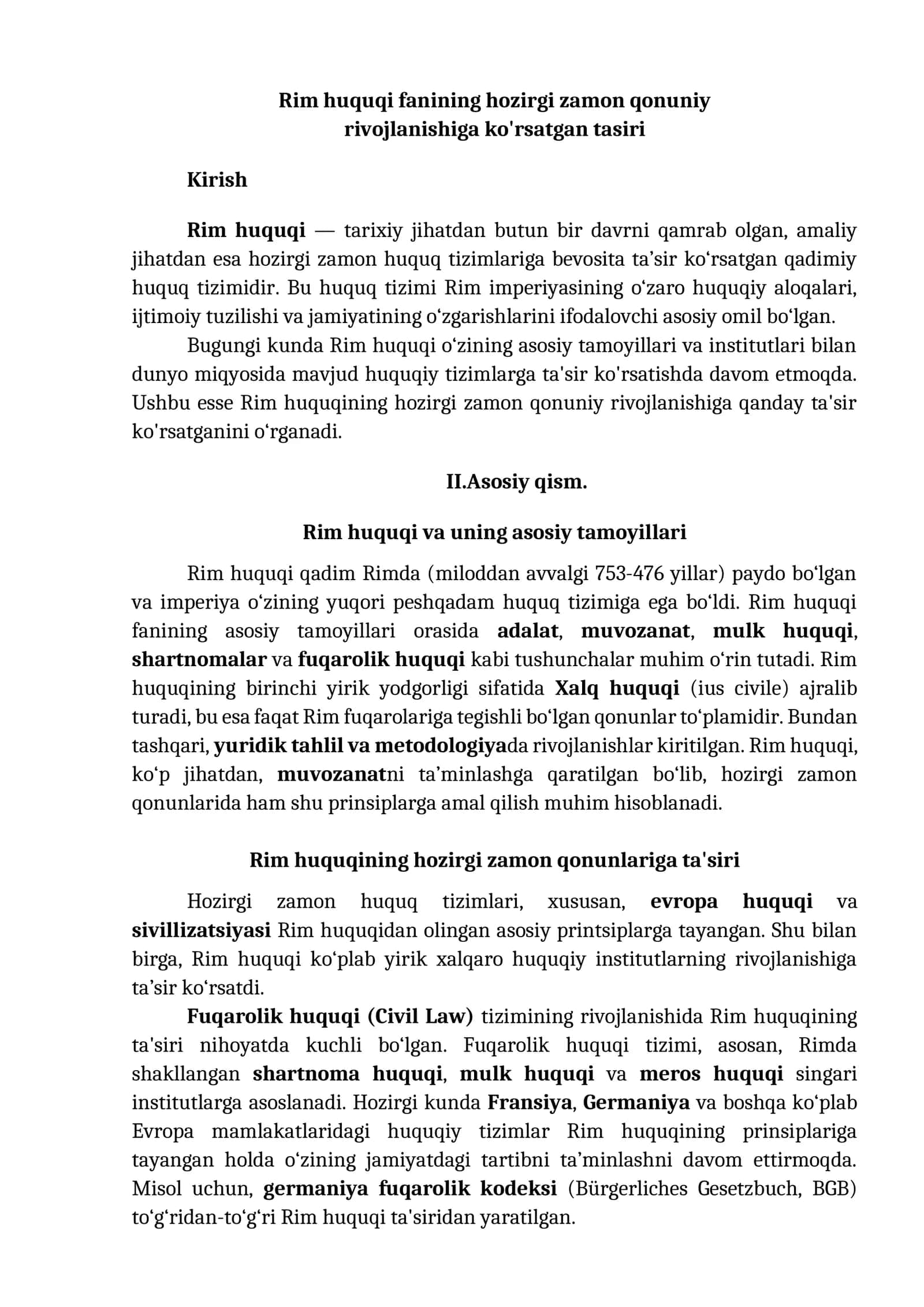 Rim huquqi fanining hozirgi zamon qonuniy rivojlanishiga ko'rsatgan tasiri