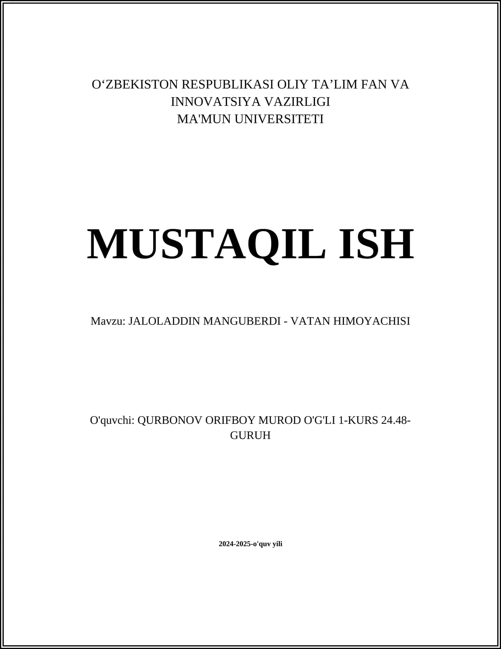 JALOLADDIN MANGUBERDI - VATAN HIMOYACHISI