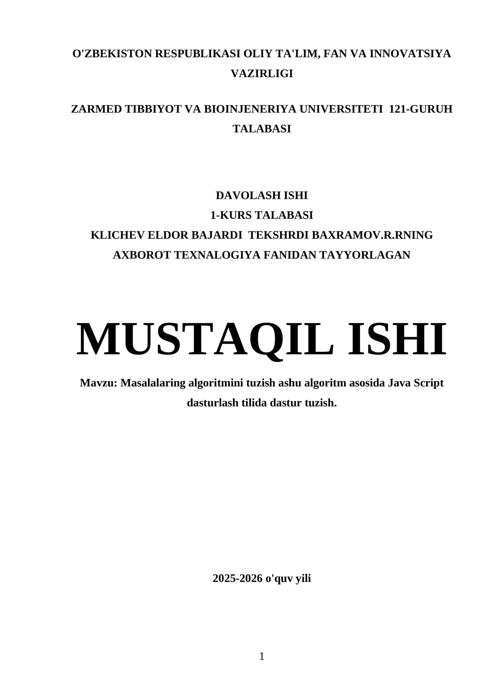 Masalalaring algoritmini tuzish ashu algoritm asosida Java Script dasturlash tilida dastur tuzish