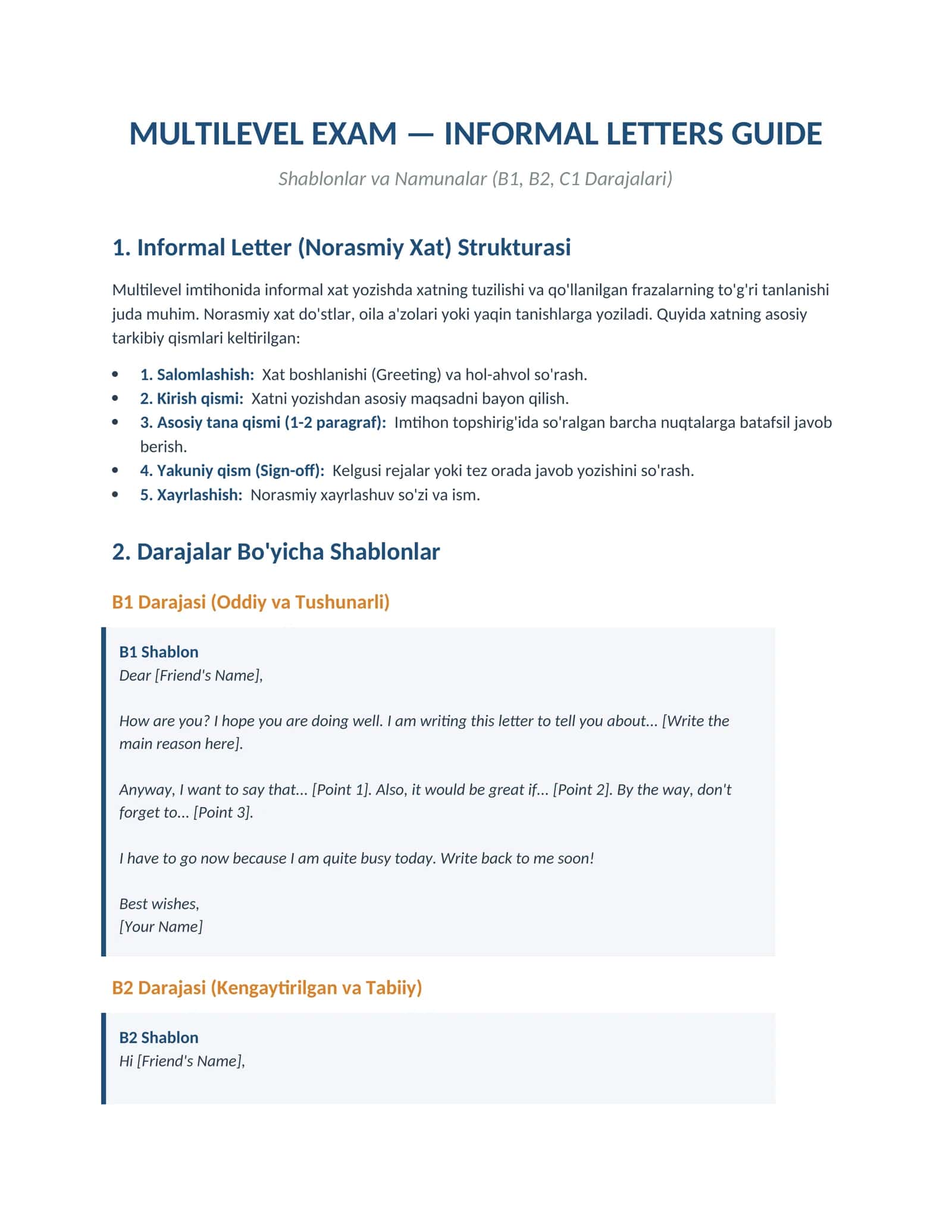 MULTILEVEL EXAM — INFORMAL LETTERS GUIDE