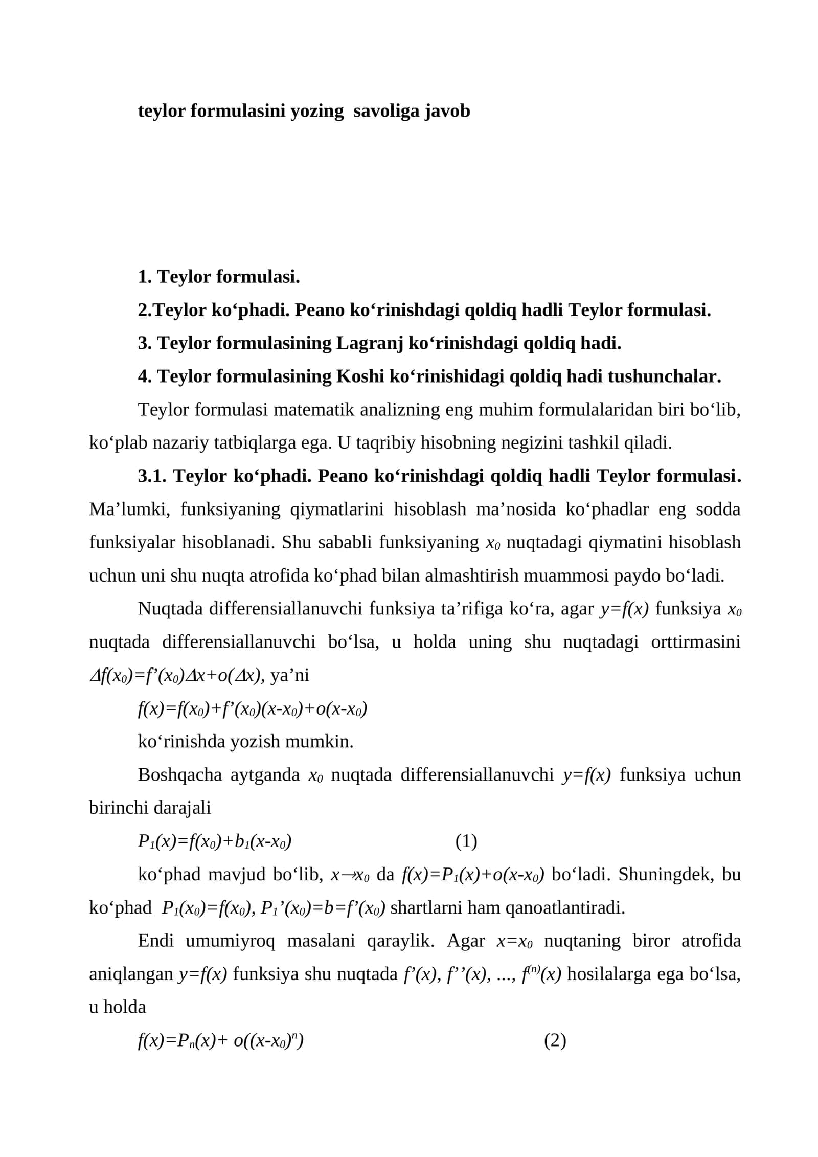 Teylor formulasi