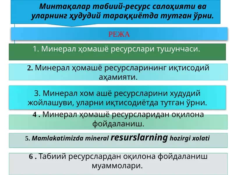 Минтақалар табиий-ресурс салоҳияти ва уларнинг ҳудудий тараққиётда тутган ўрни.