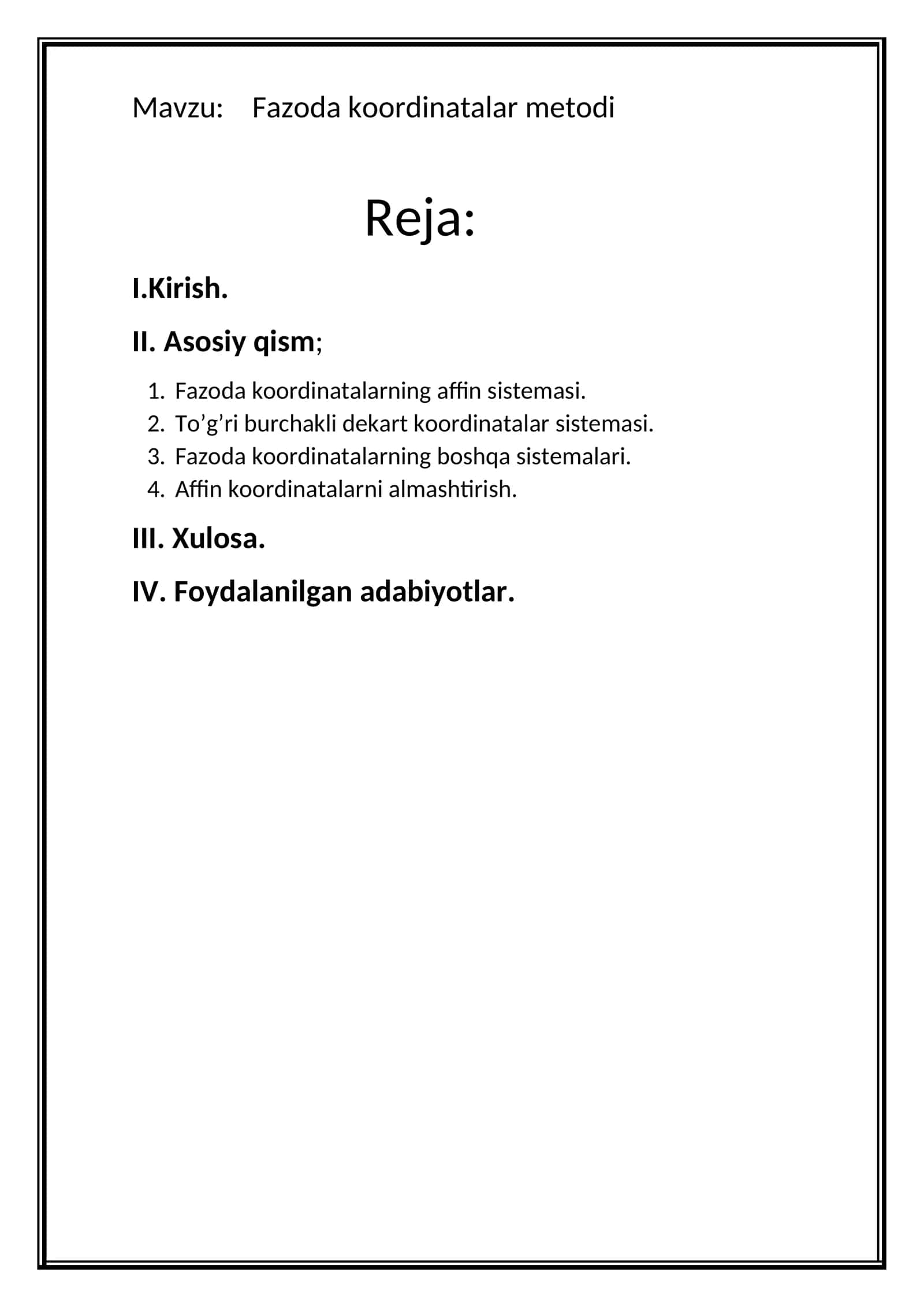 Fazoda Koordinatalar Metodi
