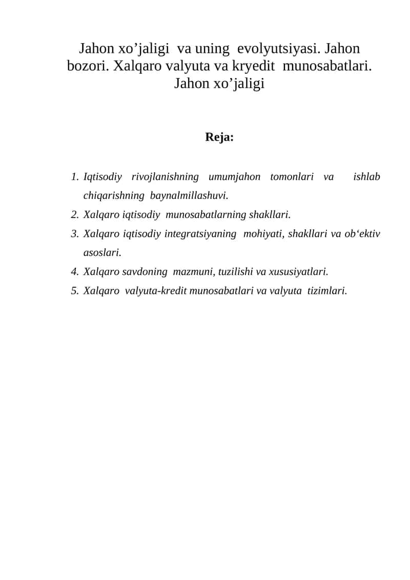 Jahon xo’jaligi va uning evolyutsiyasi