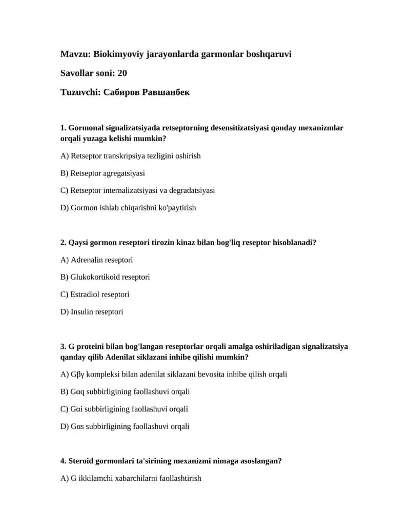 Biokimyoviy jarayonlarda garmonlar boshqaruvi