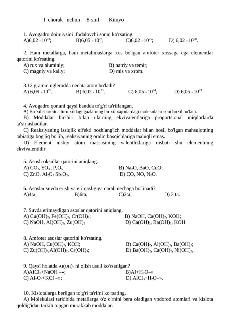 8-sinf Kimyo Chorak Test Sinovlari