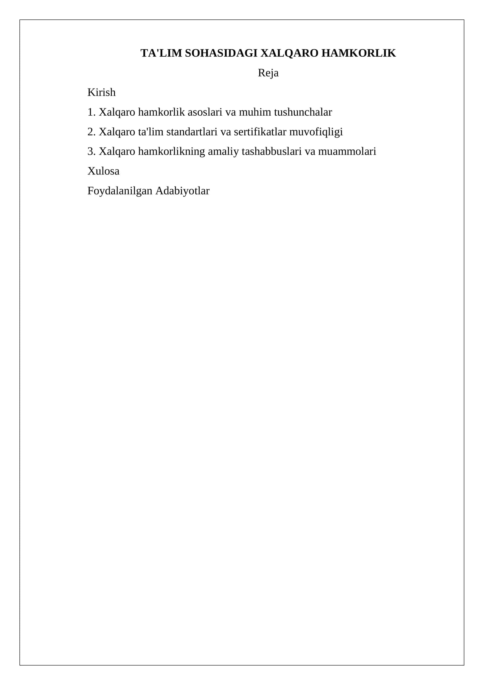 TA'LIM SOHASIDAGI XALQARO HAMKORLIK