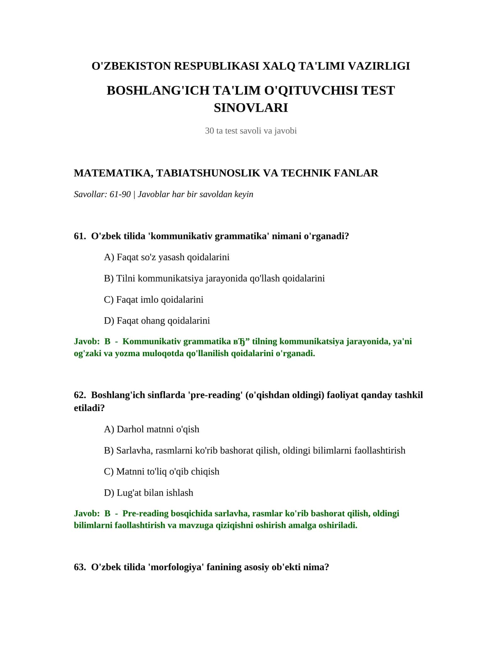 BOSHLANG'ICH TA'LIM O'QITUVCHISI TEST SINOVLARI