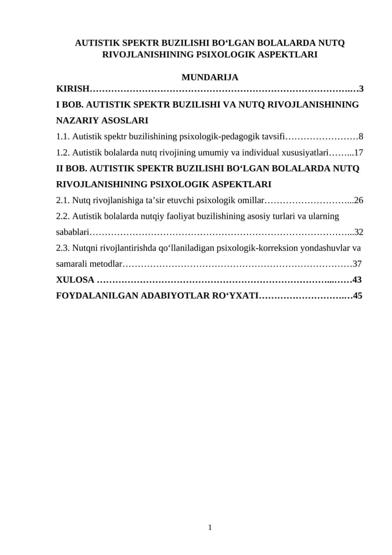 Autistik spektr buzilishi boʻlgan bolalarda nutq rivojlanishining psixologik aspektlari