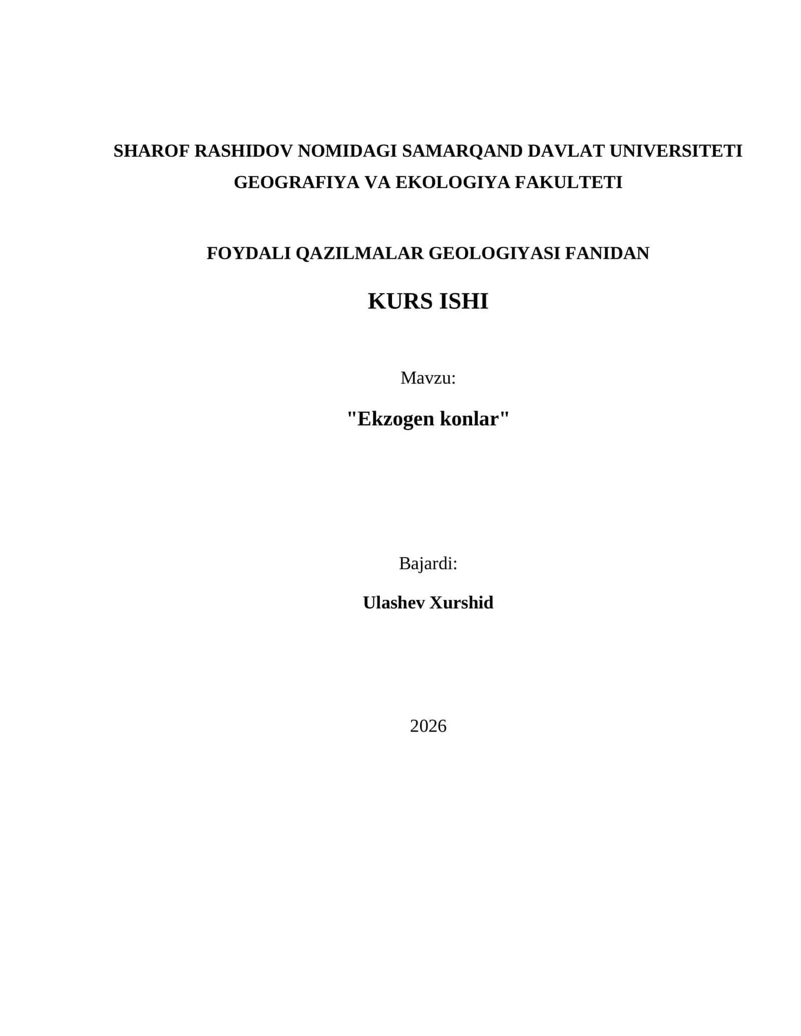 Foydali Qazilmalar Geologiyasi Fanidan Kurs Ishi