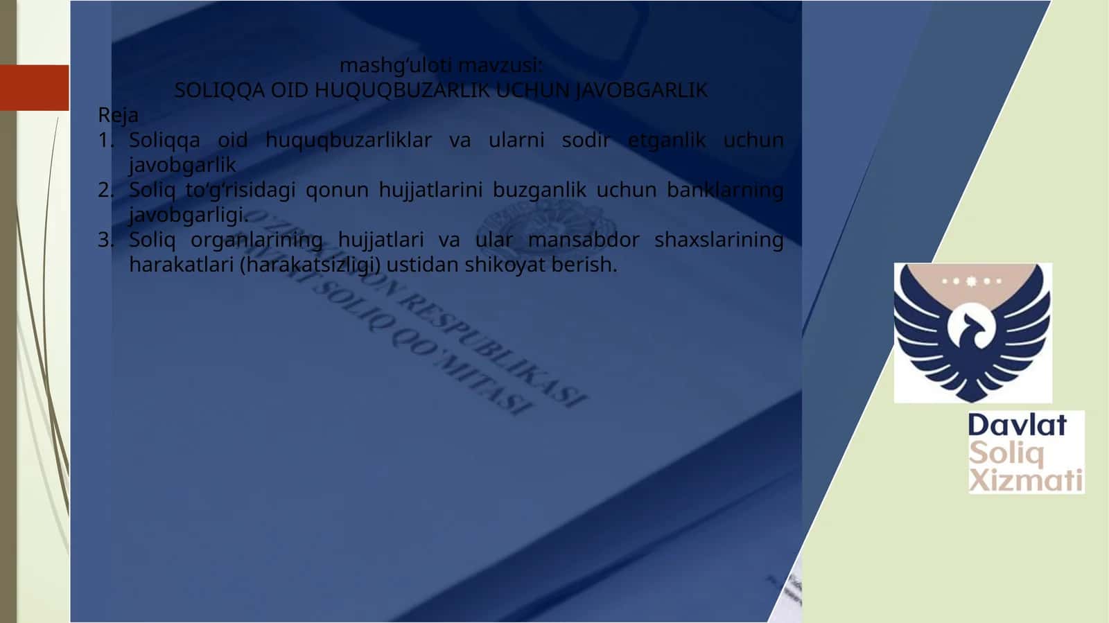 SOLIQQA OID HUQUQBUZARLIK UCHUN JAVOBGARLIK