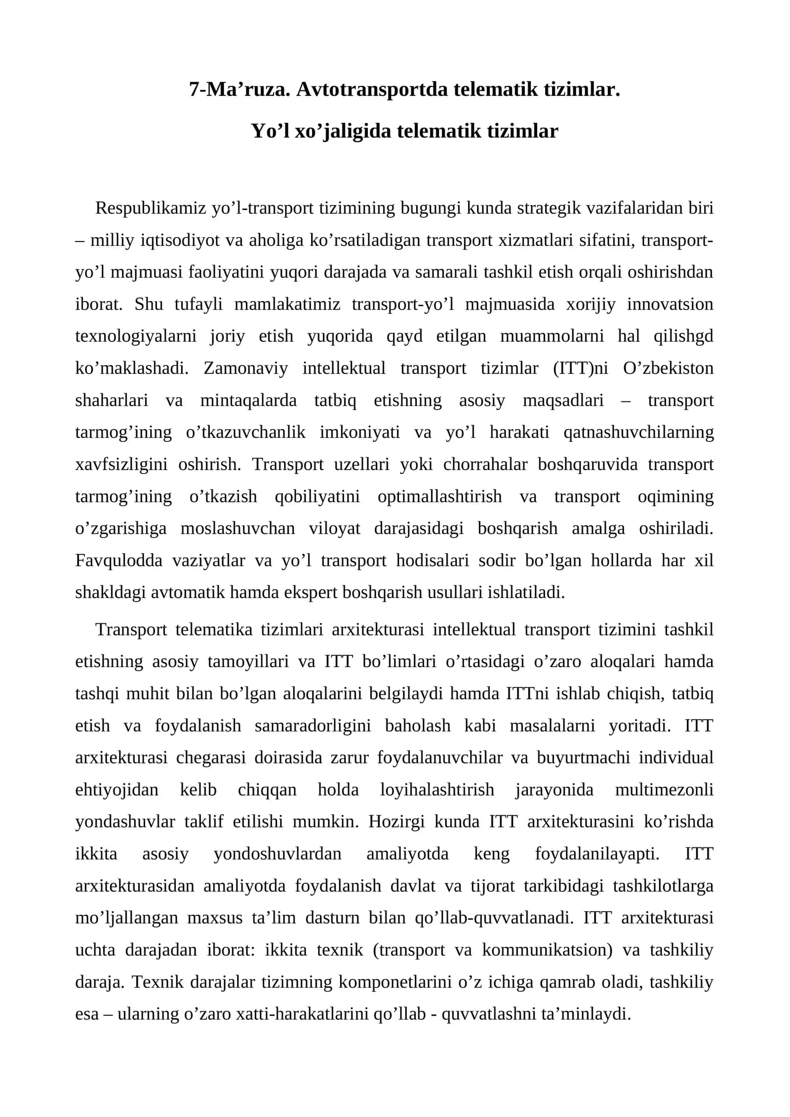 Yo’l-Xo’jaligida Telematik Tizimlar