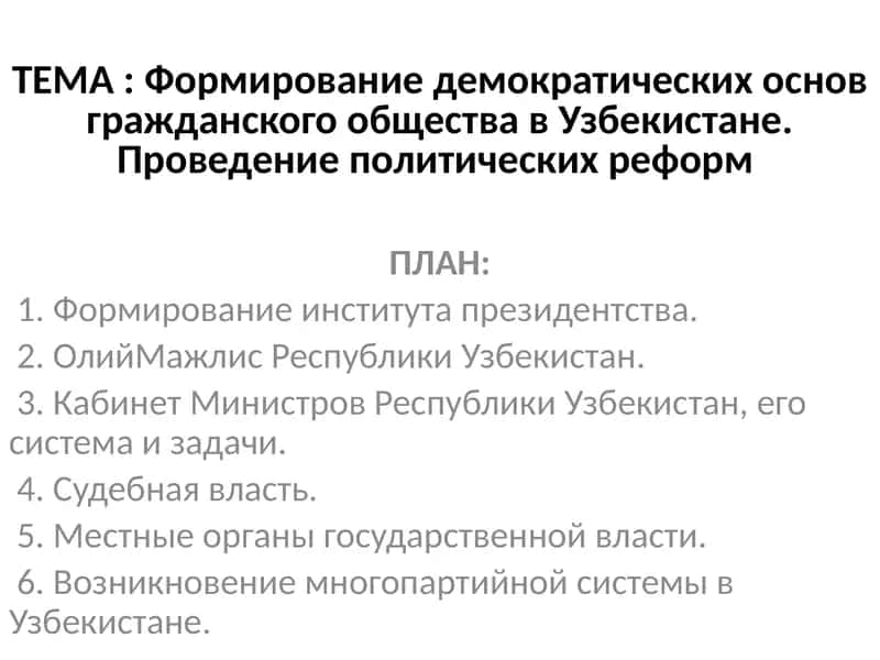 Формирование демократических основ гражданского общества в Узбекистане. Проведение политических реформ