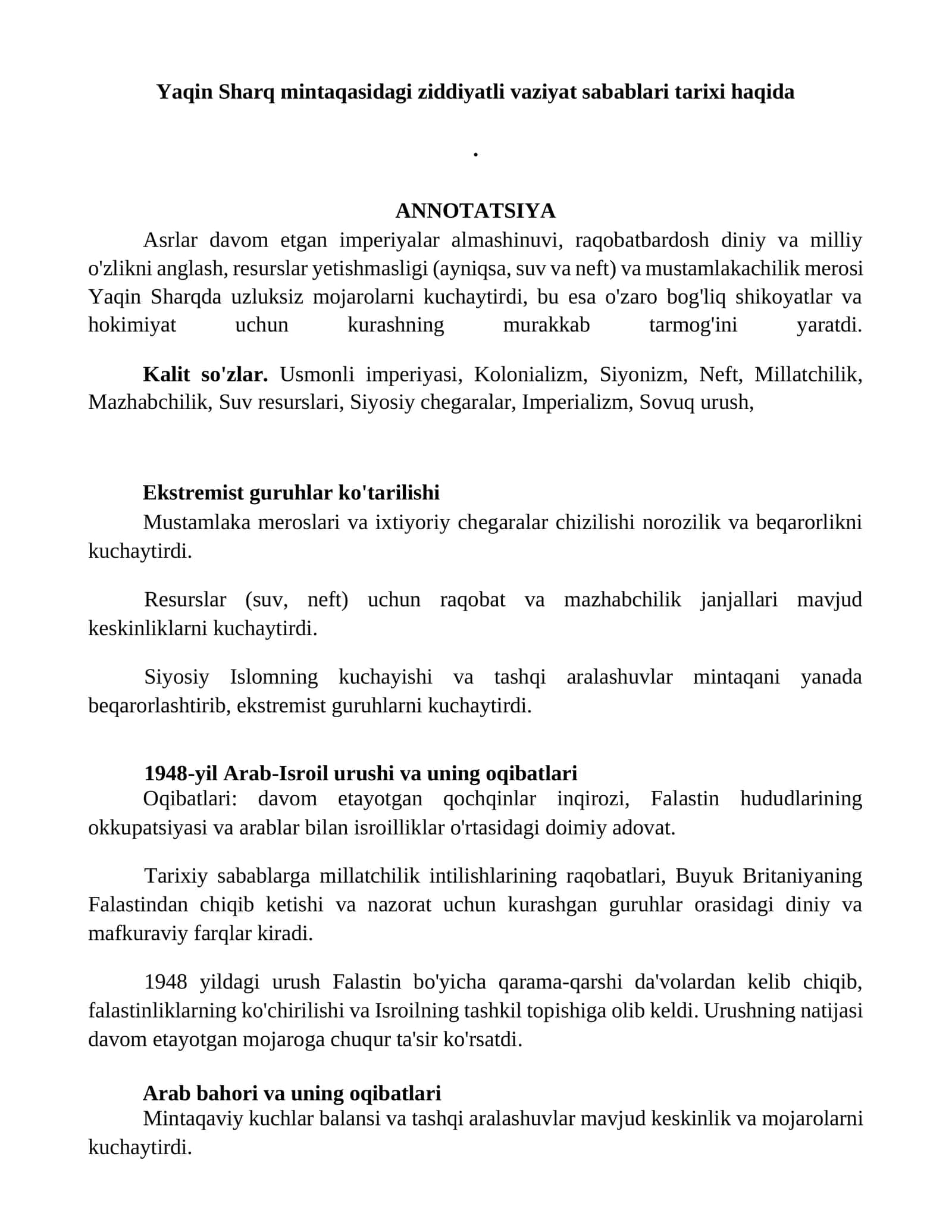 Yaqin Sharq mintaqasidagi ziddiyatli vaziyat sabablari tarixi haqida