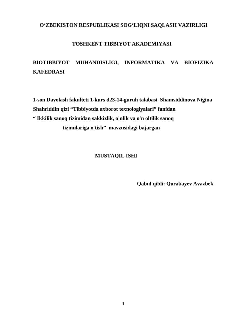 Ikkilik sanoq tizimidan sakkizlik, o'nlik va o'n oltilik sanoq tizimilariga o'tish