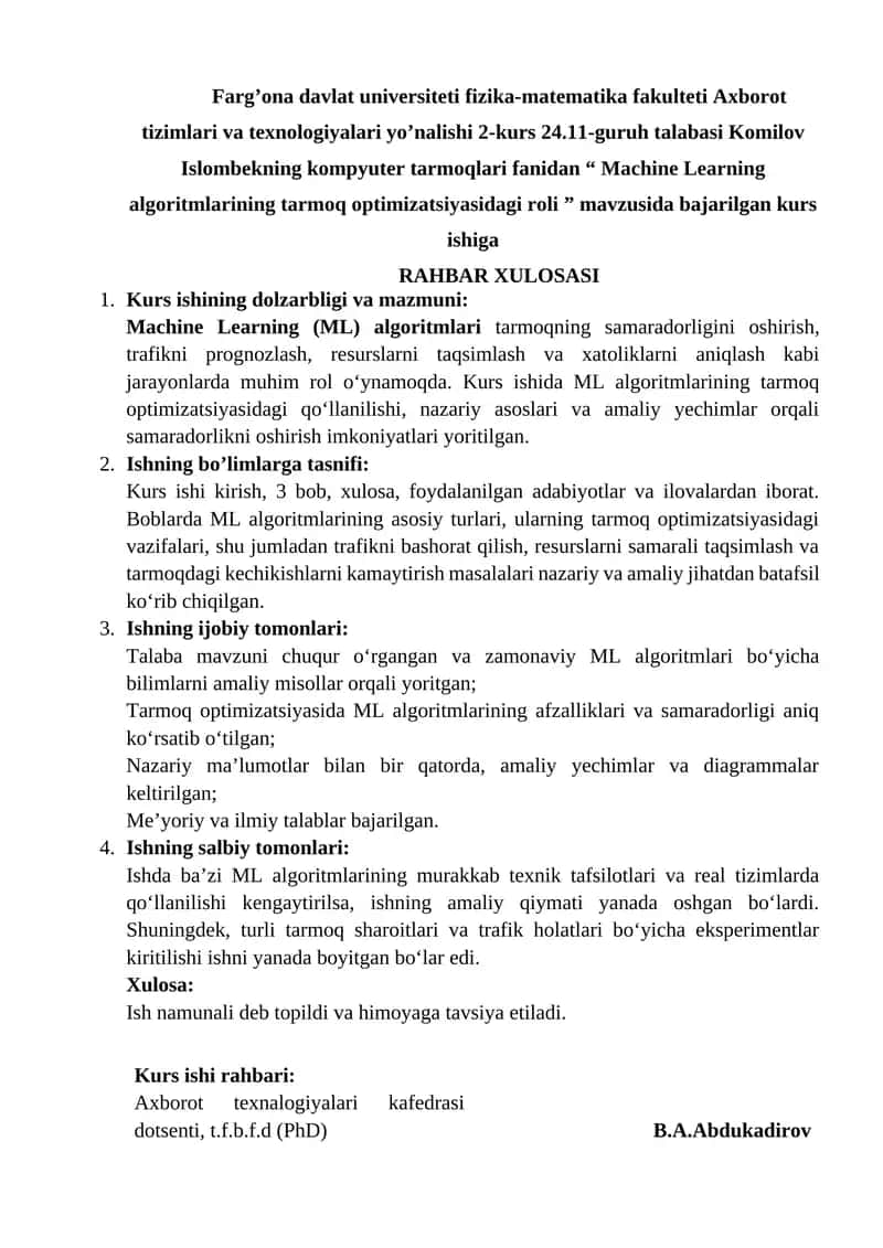 Machine Learning algoritmlarining tarmoq optimizatsiyasidagi roli