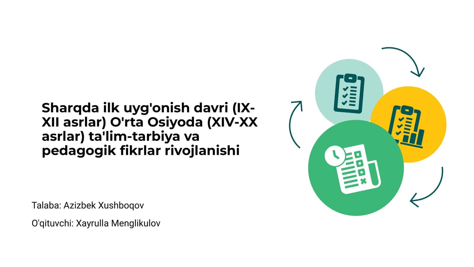 Sharqda ilk uyg'onish davri (IX-XII asrlar) O'rta Osiyoda (XIV-XX asrlar) ta'lim-tarbiya va pedagogik fikrlar rivojlanishi