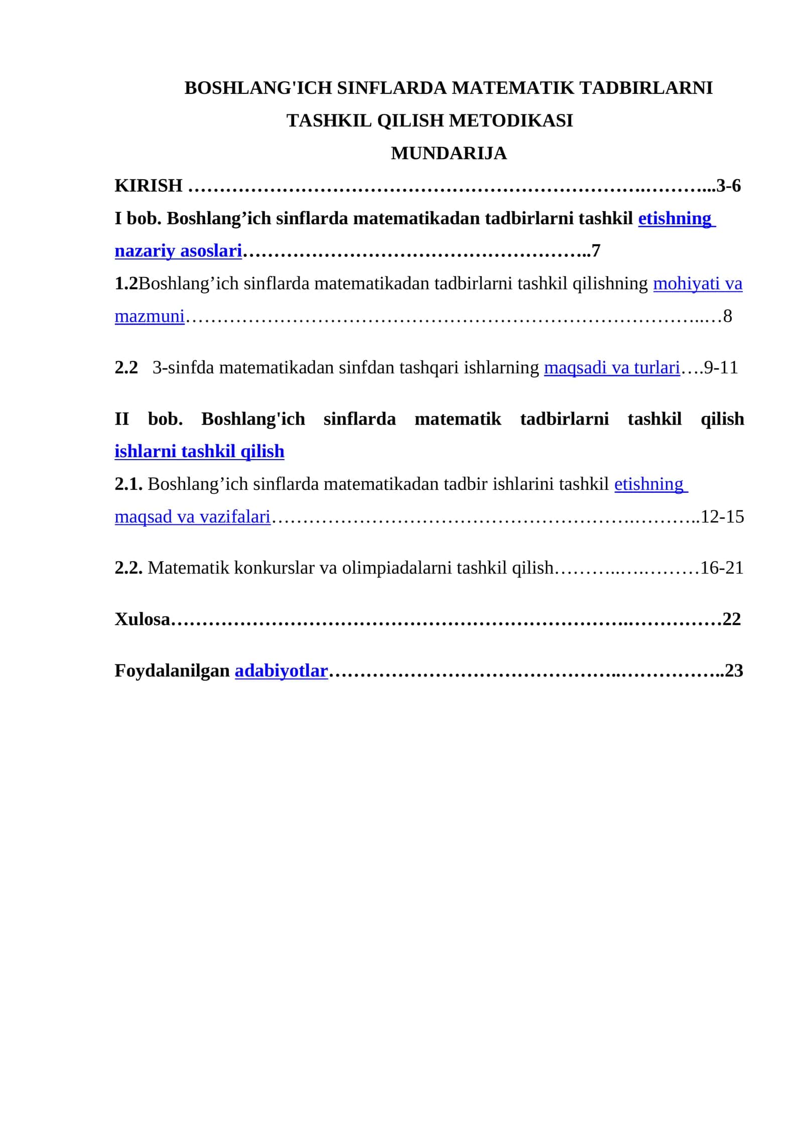 BOSHLANG'ICH SINFLARDA MATEMATIK TADBIRLARNI TASHKIL QILISH METODIKASI