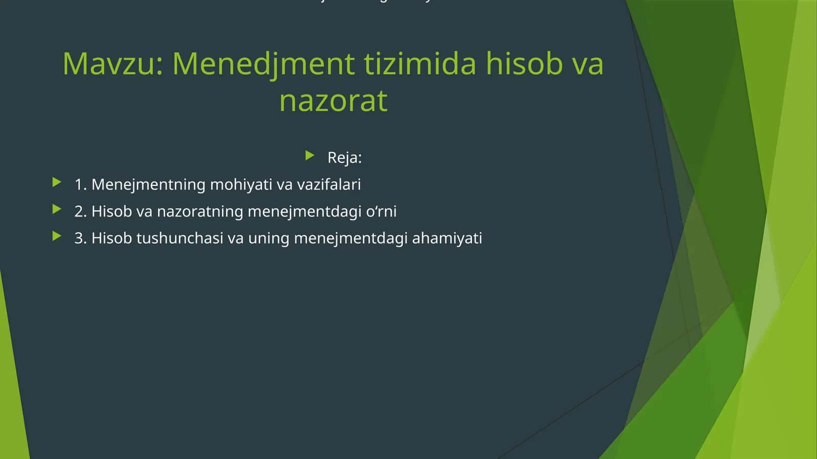 Menedjment tizimida hisob va nazorat