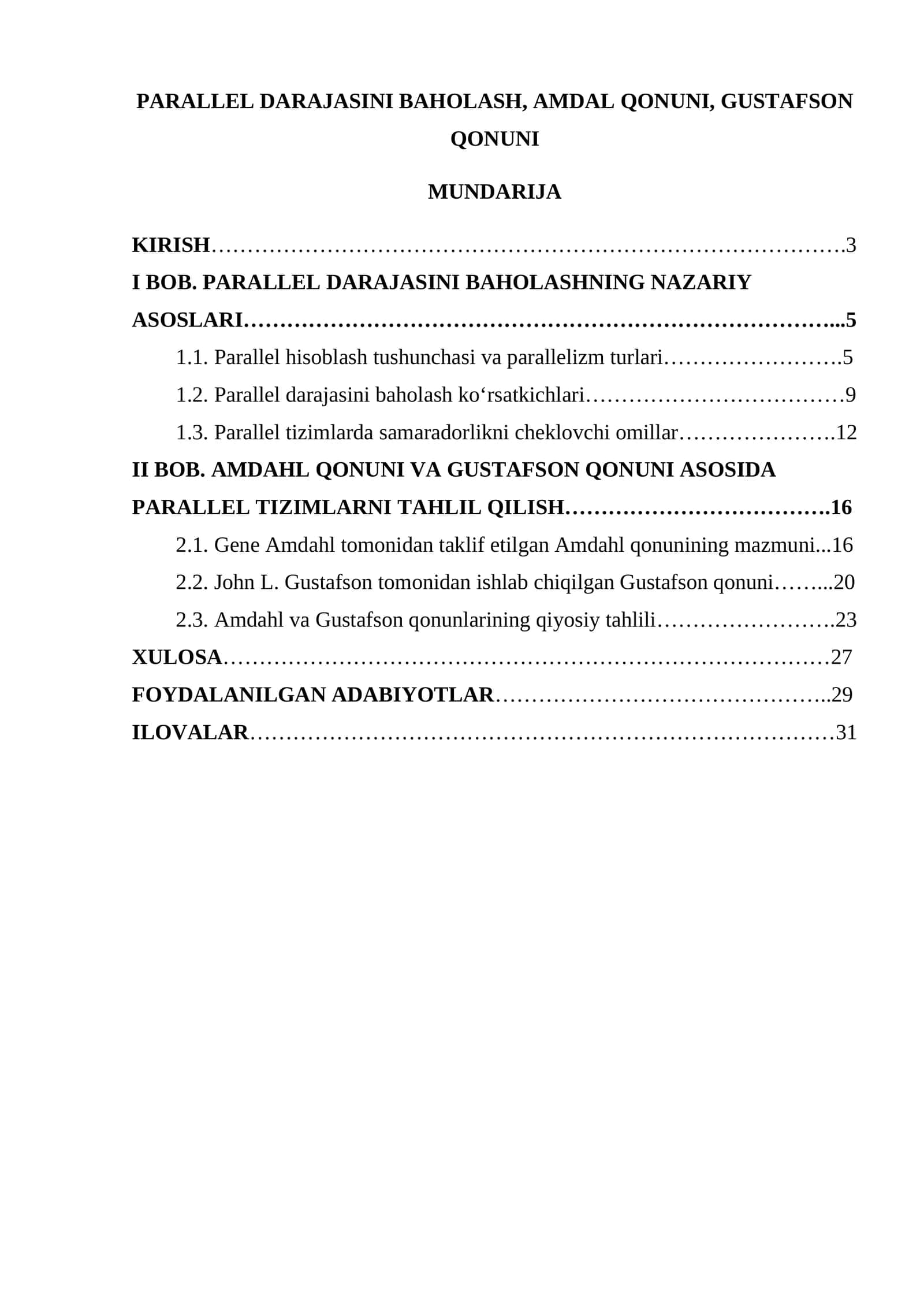 PARALLEL DARAJASINI BAHOLASH, AMDAL QONUNI, GUSTAFSON QONUNI