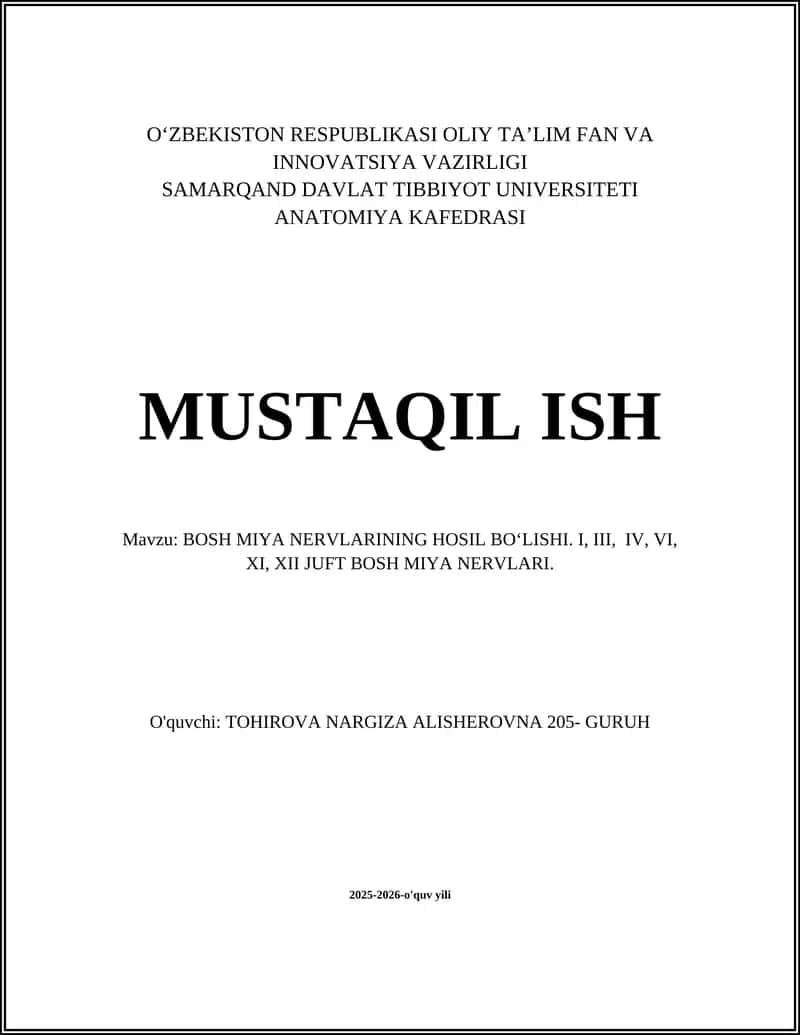 BOSH MIYA NERVLARINING HOSIL BO‘LISHI