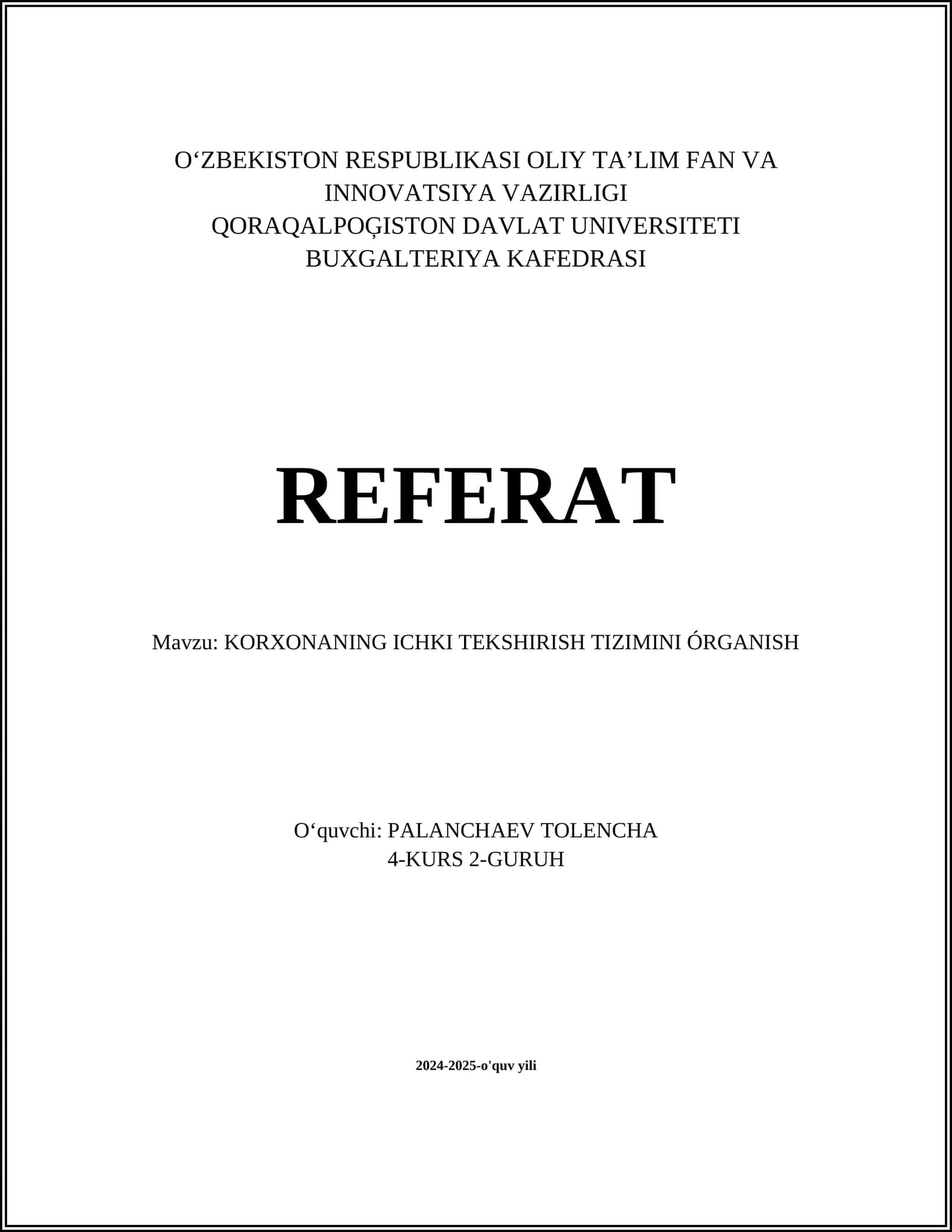 KORXONANING ICHKI TEKSHIRISH TIZIMINI ÓRGANISH