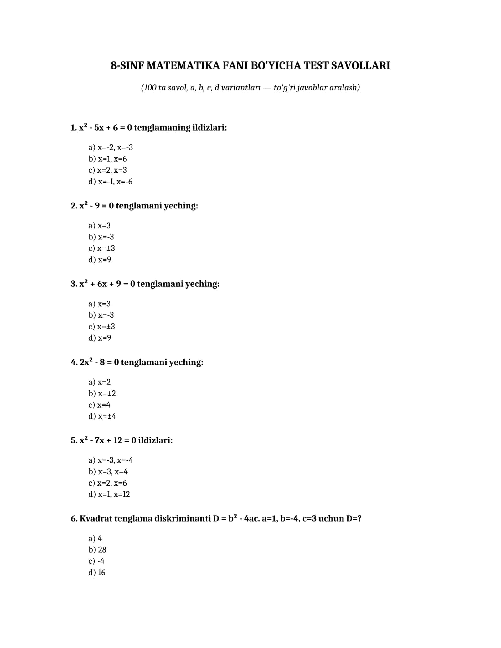 8-SINF MATEMATIKA FANI BO'YICHA TEST SAVOLLARI