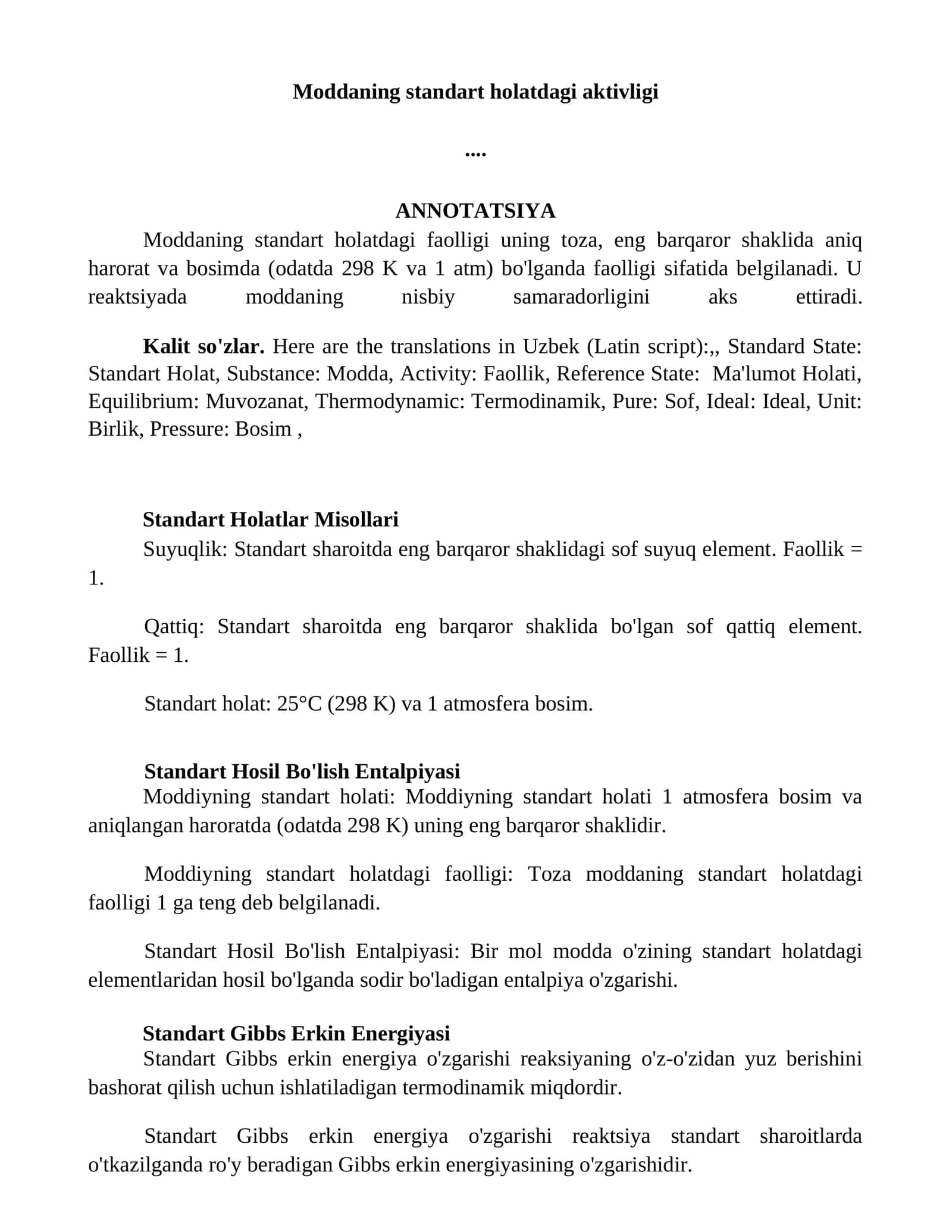 Standart Holatlar Misollari
