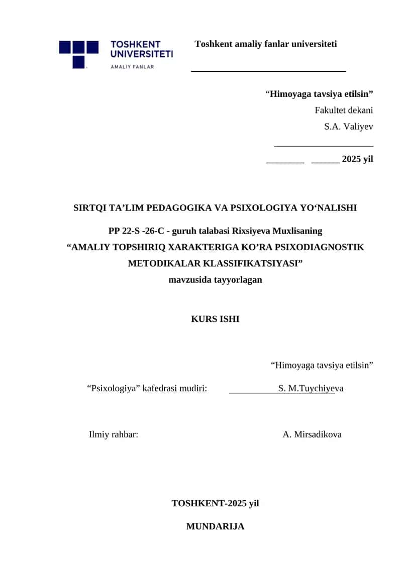 PSIXODIAGNOSTIK METODIKALAR KLASSIFIKATSIYASI
