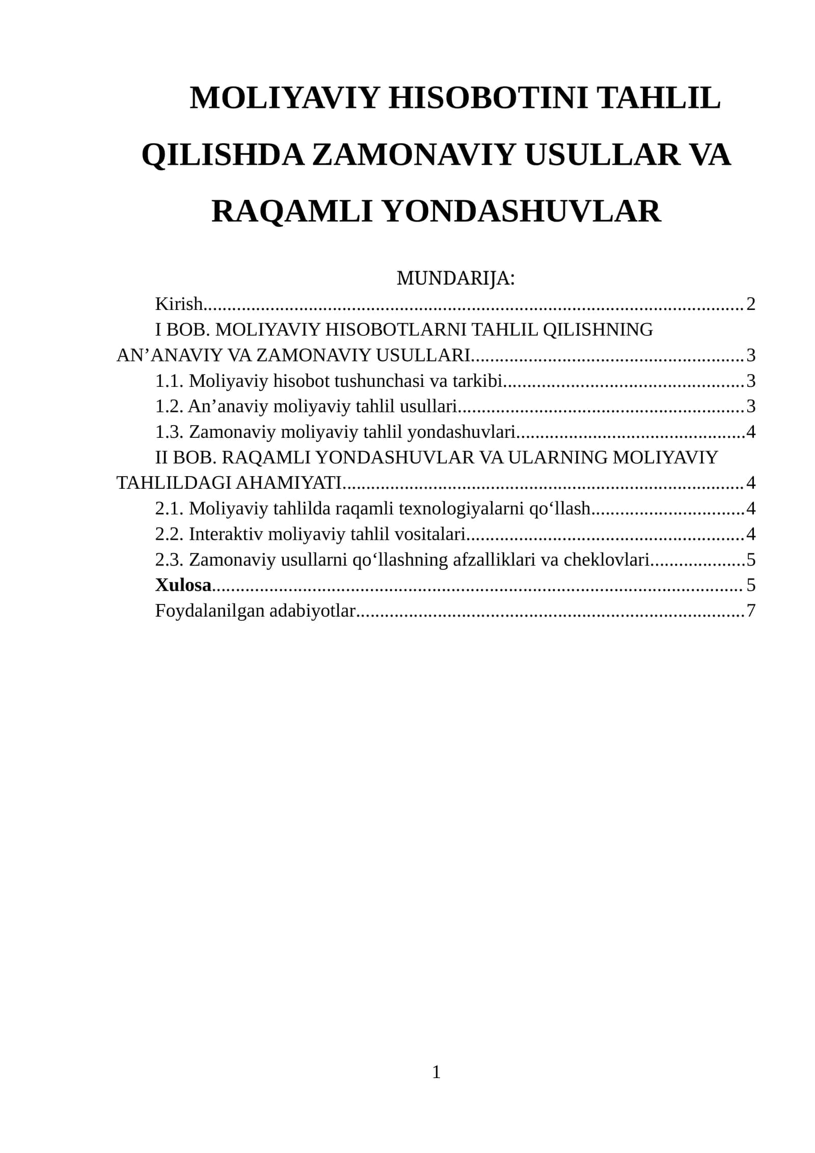 MOLIYAVIY HISOBOTINI TAHLIL QILISHDA ZAMONAVIY USULLAR VA RAQAMLI YONDASHUVLAR