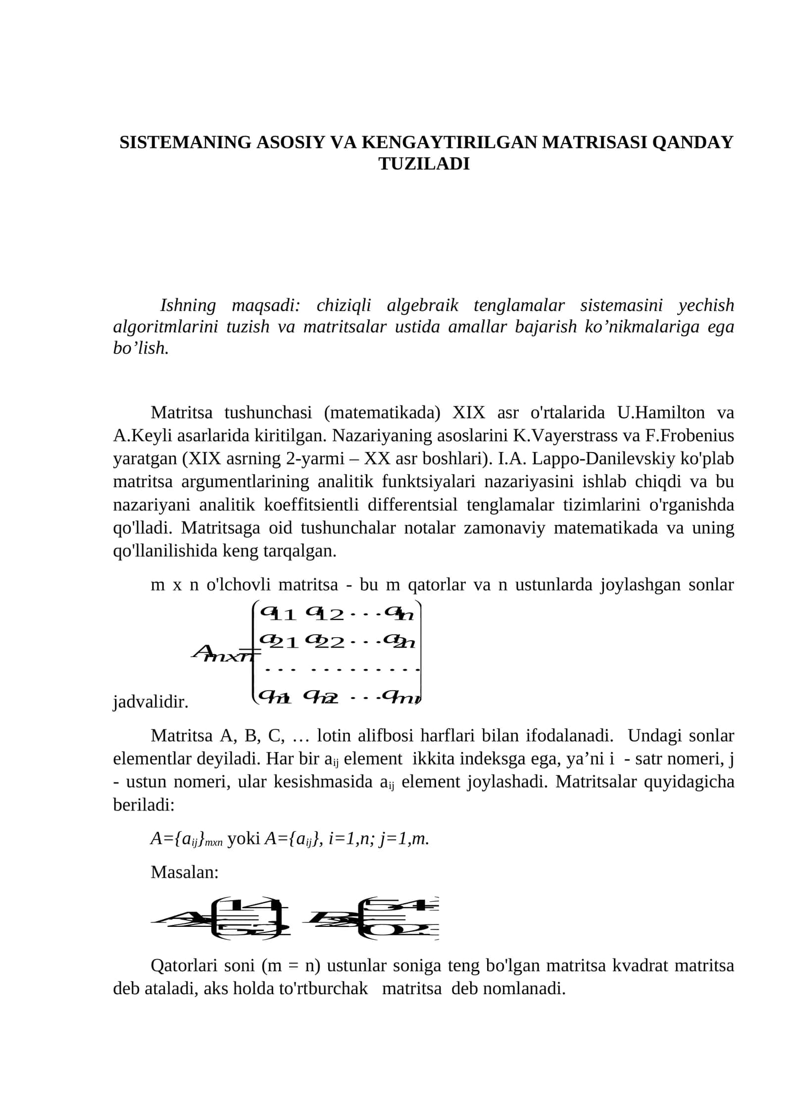 SISTEMANING ASOSIY VA KENGAYTIRILGAN MATRISASI QANDAY TUZILADI