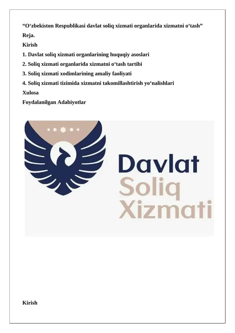 Davlat soliq xizmati organlarida xizmatni o‘tash