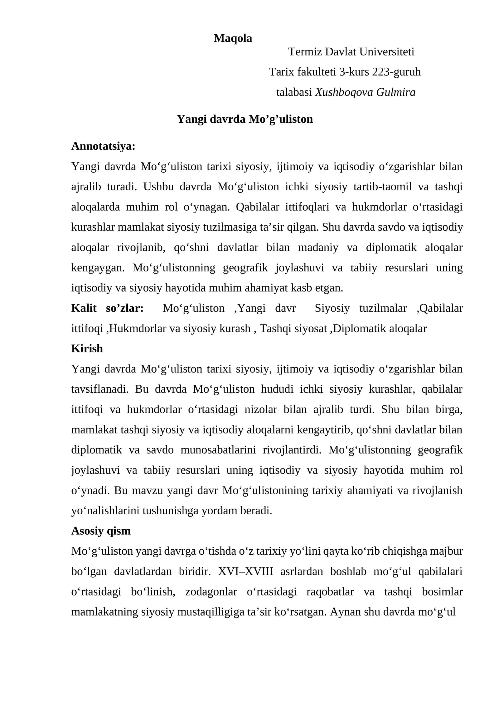 Yangi davrda Mo‘g‘uliston tarixi