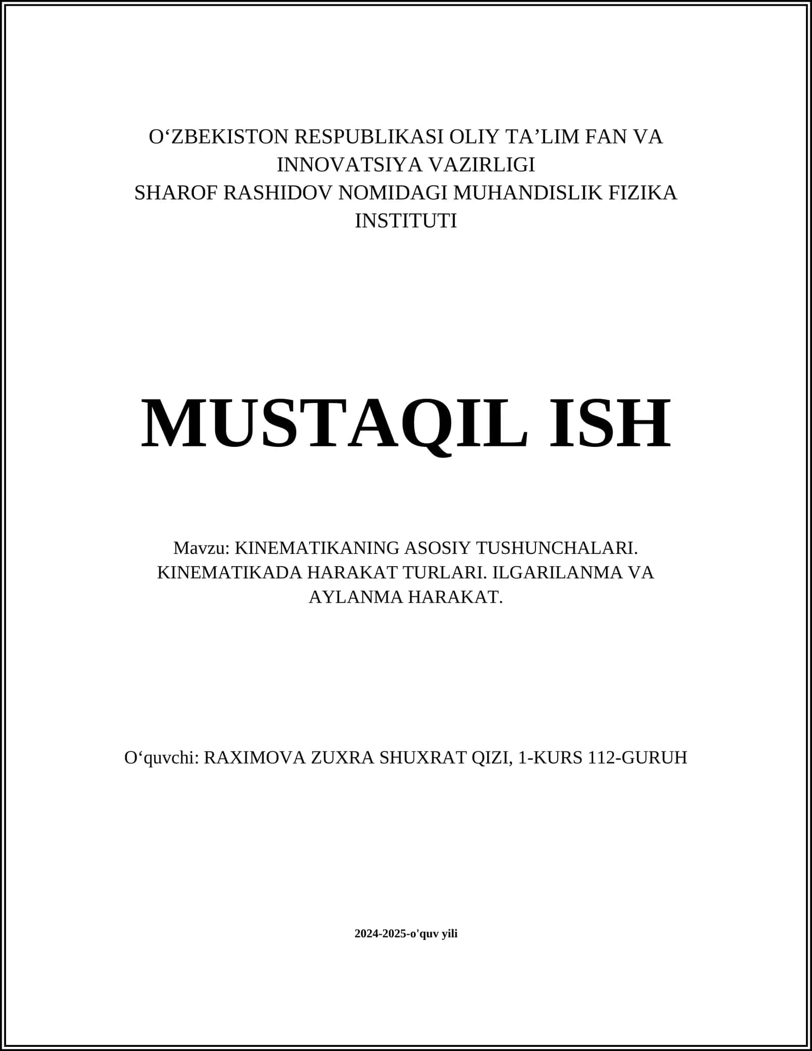 KINEMATIKANING ASOSIY TUSHUNCHALARI