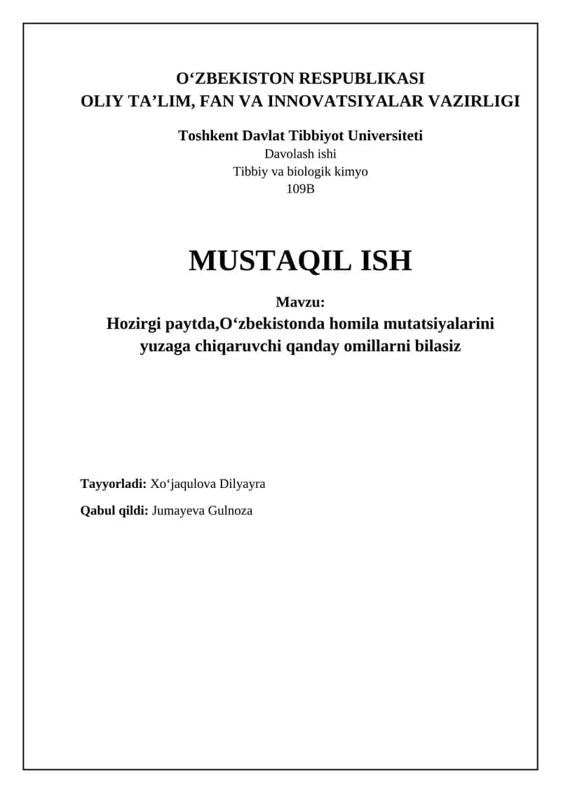 O'zbekistonda Homila Mutatsiyalariga Olib Keluvchi Asosiy Omillar