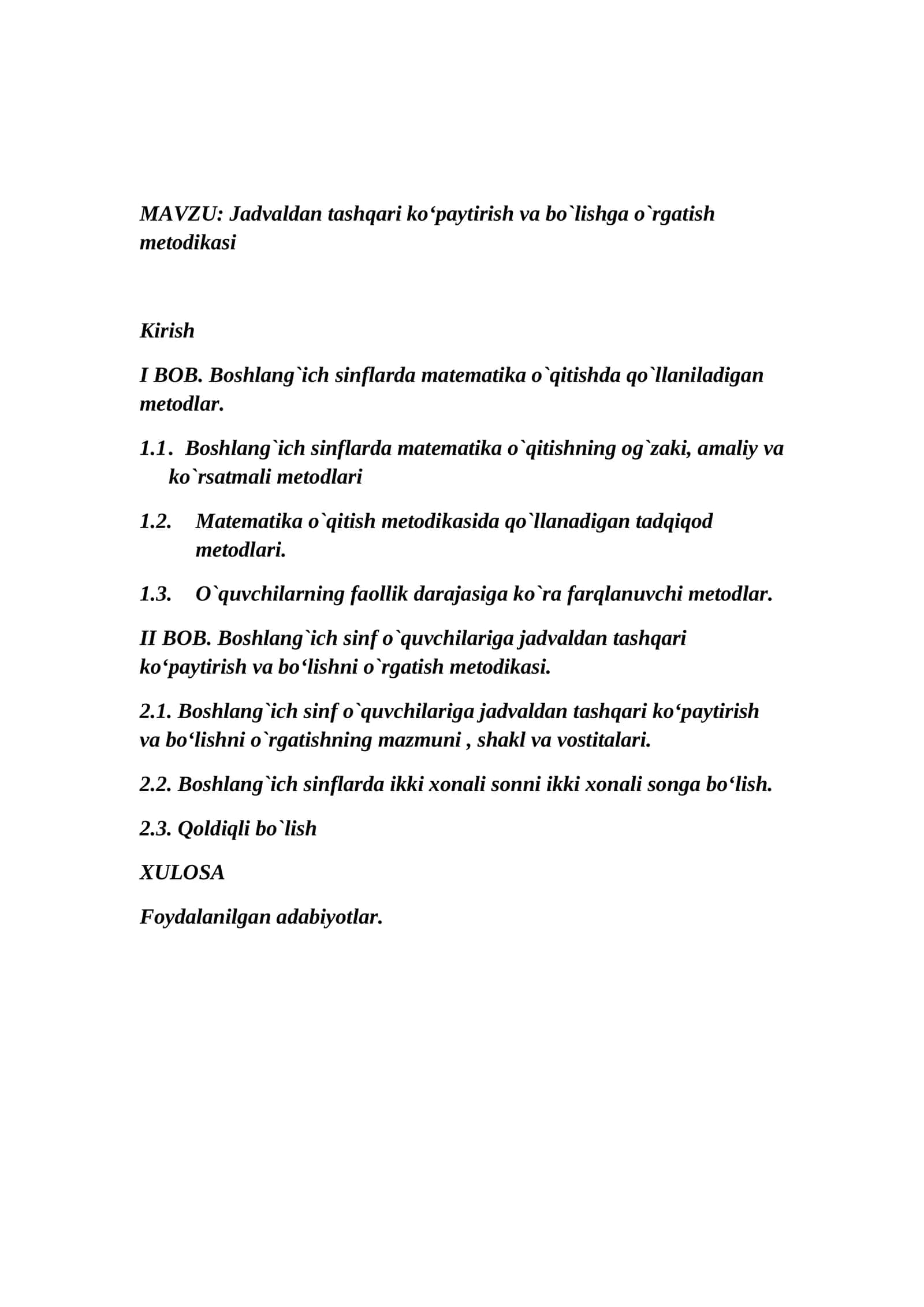 Jadvaldan tashqari ko‘paytirish va bo`lishga o`rgatish metodikasi