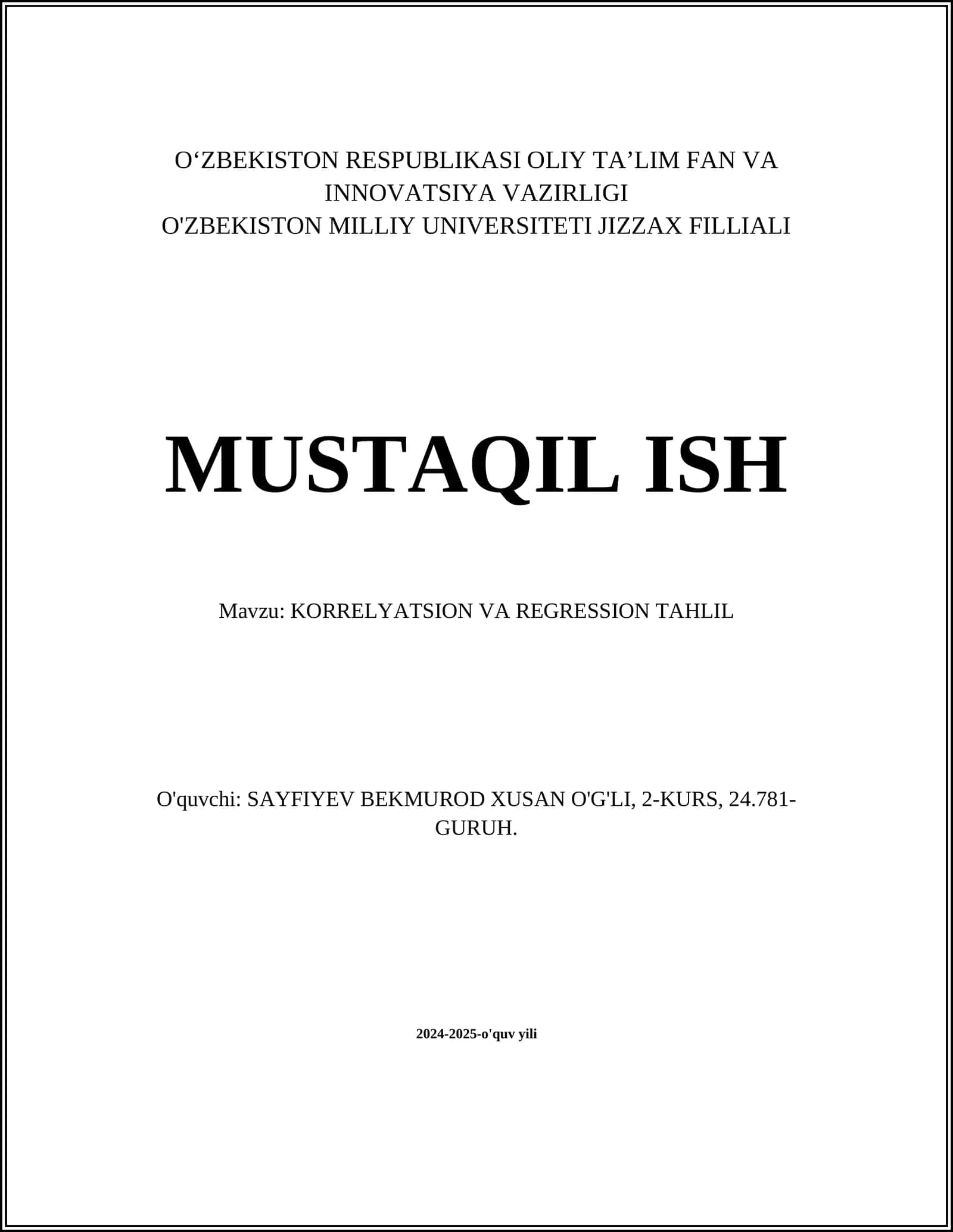 MUSTAQIL ISH Mavzu: KORRELYATSION VA REGRESSION TAHLIL