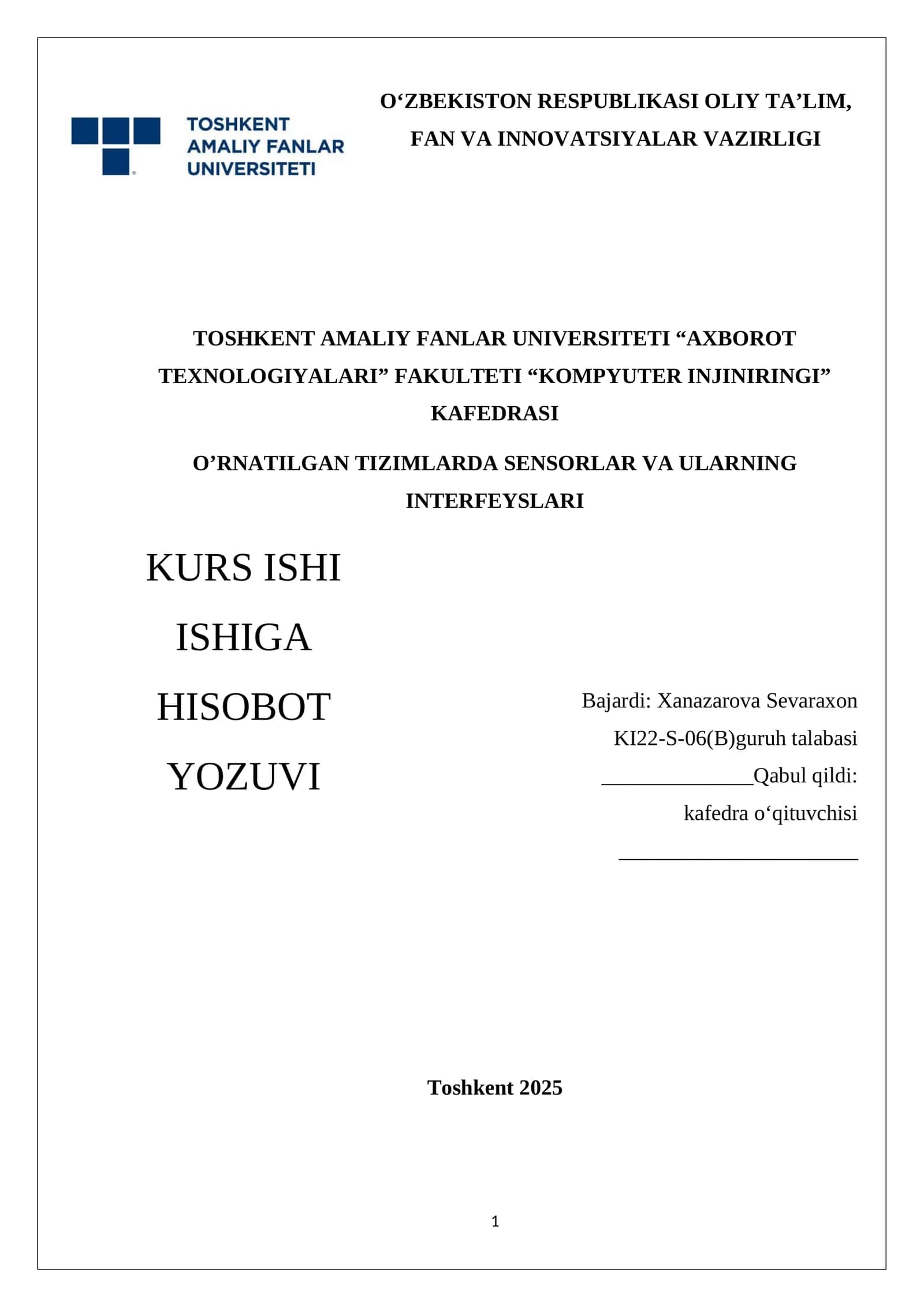 O‘RNATILGAN TIZIMLARDA SENSORLAR VA ULARNING INTERFEYSLARI