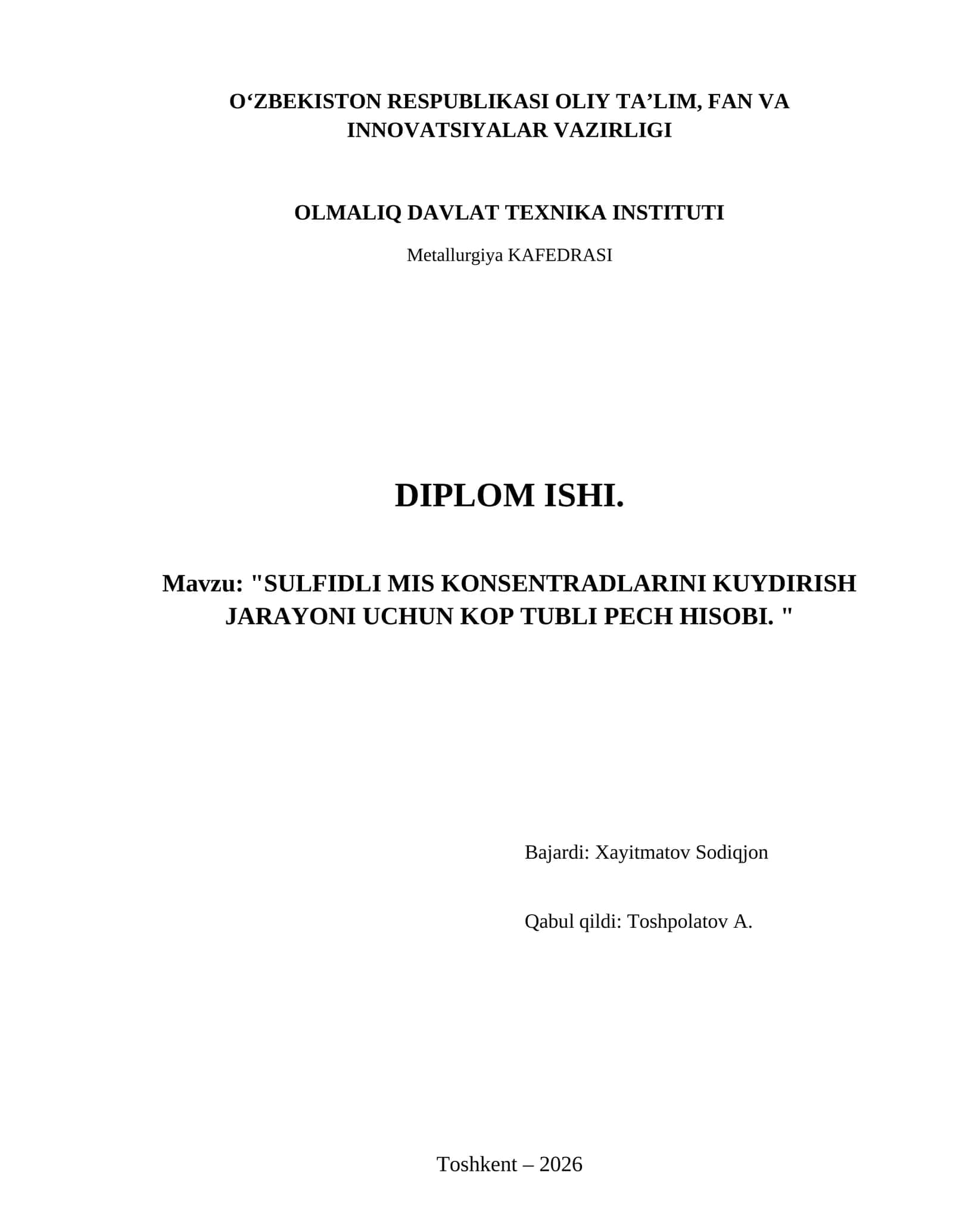 Sulfidli mis konsentradlarini kuydirish jarayoni uchun kop tubli pech hisobi.