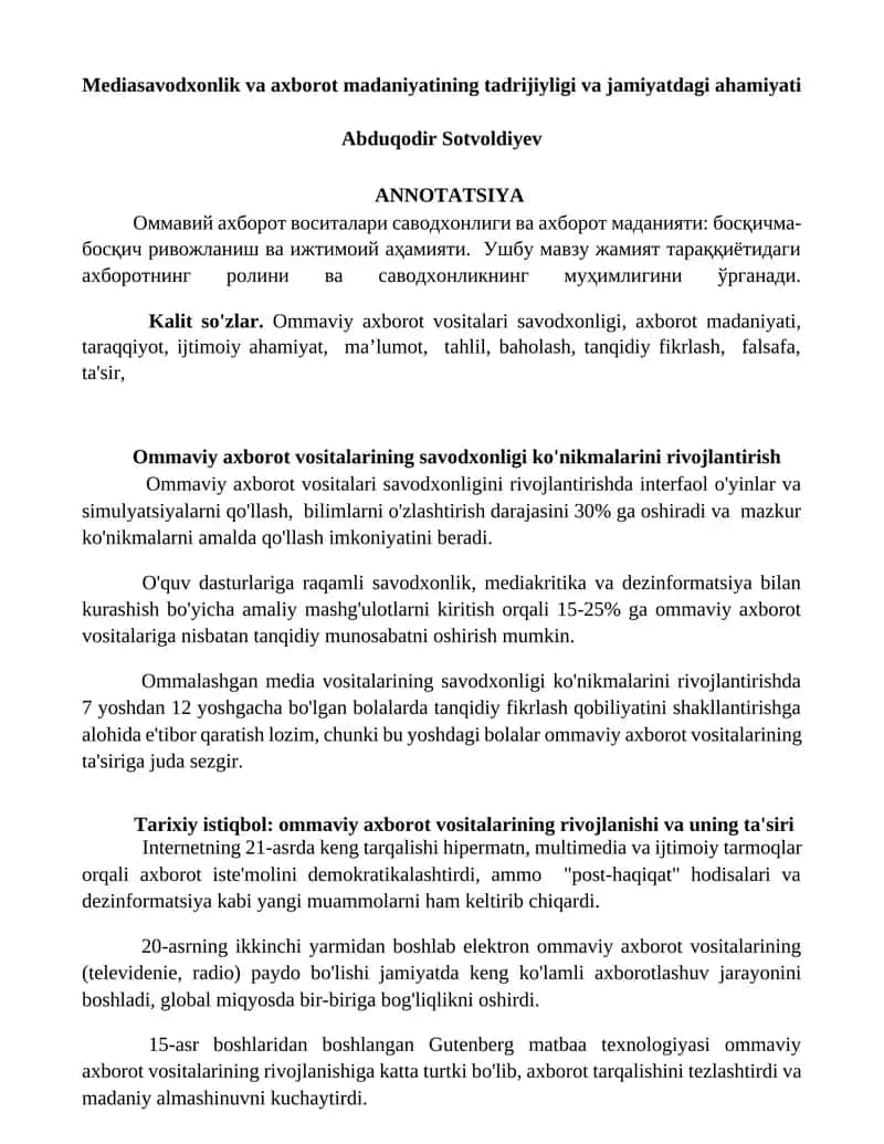 Ommaviy axborot vositalari savodxonligi