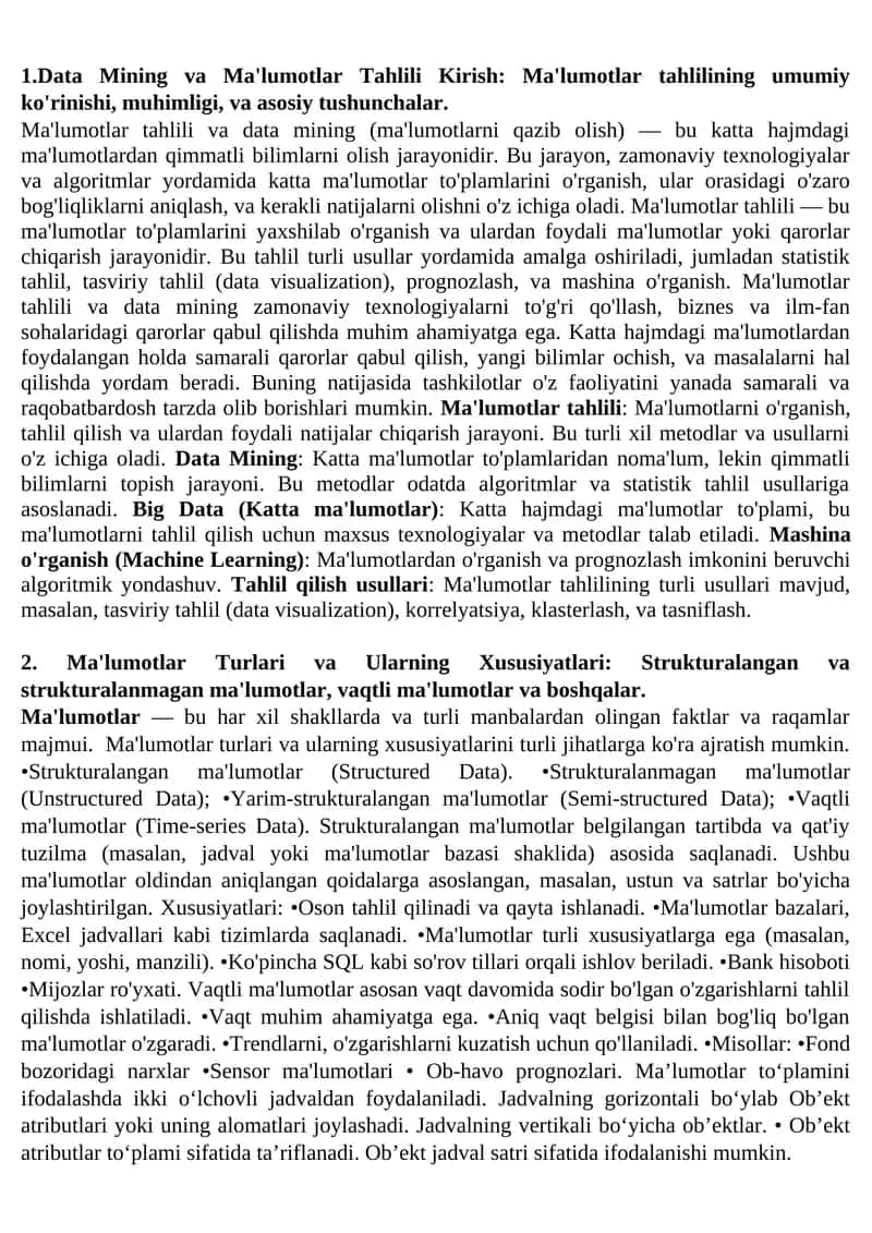 Data Mining va Ma'lumotlar Tahlili