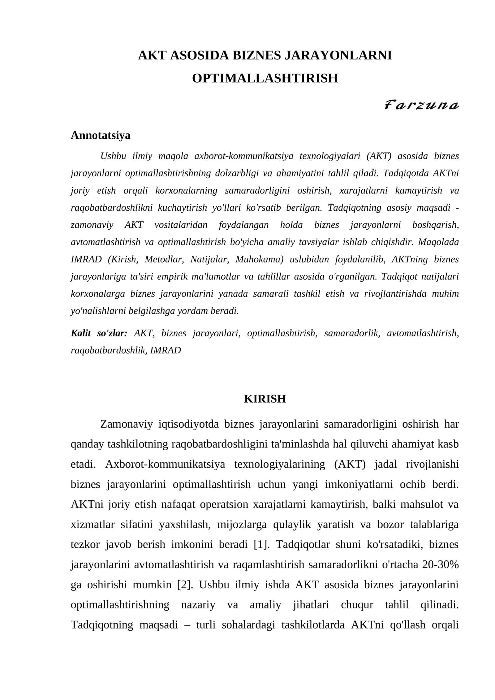 AKT ASOSIDA BIZNES JARAYONLARNI OPTIMALLASHTIRISH