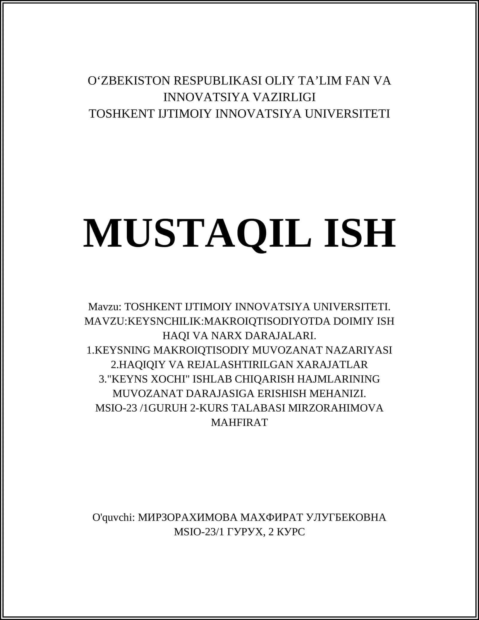 KEYNSNING MAKROIQTISODIY MUVOZANAT NAZARIYASI